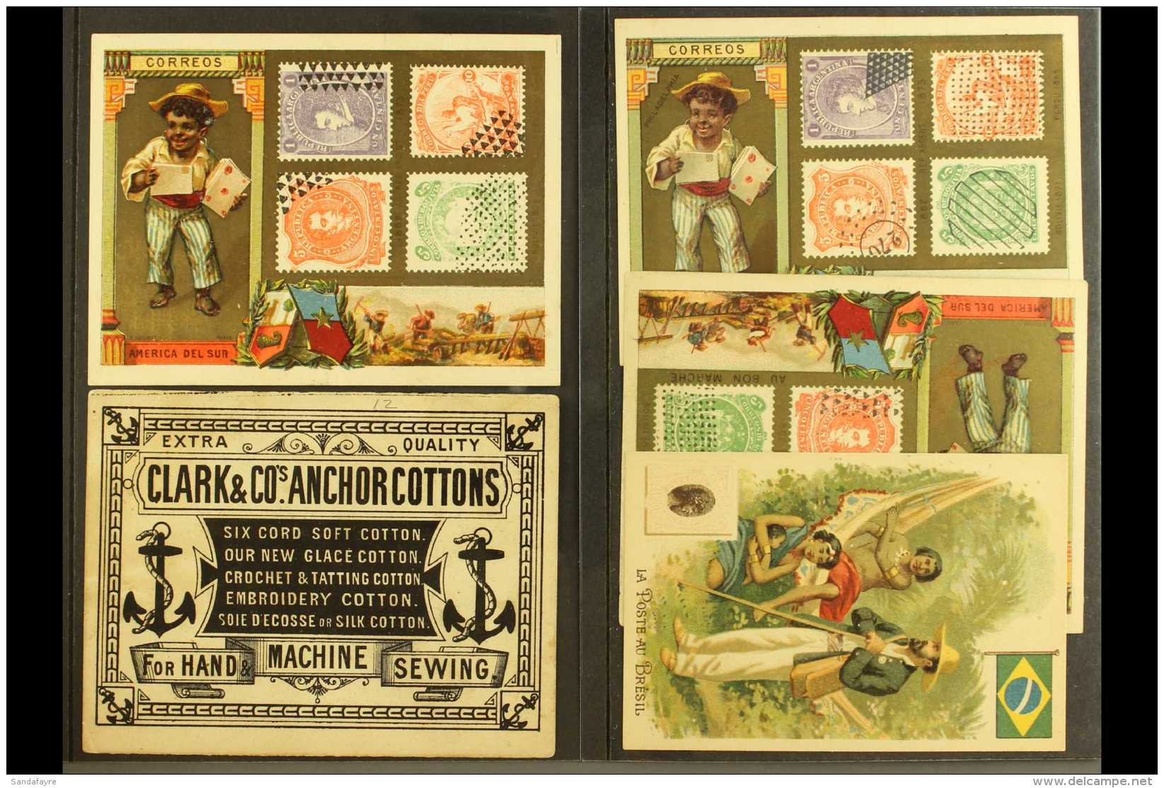 STAMP DESIGN ADVERT CARDS  1908 Five Colourful Advertising Trade Cards, Four With The Same Design Showing Various... - Other & Unclassified