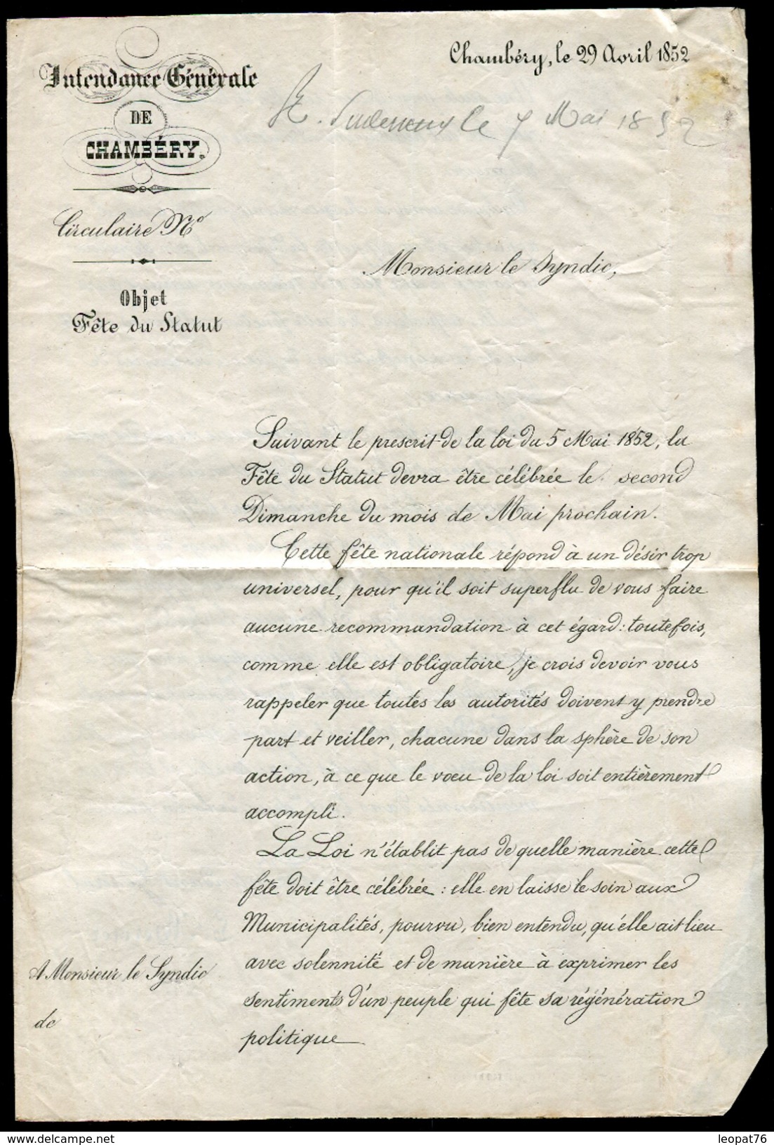 France - Lettre Avec Texte De L ' Intendant Général De Chambéry Pour Villard D 'Héry En 1852 - Ref A102 - 1849-1876: Période Classique