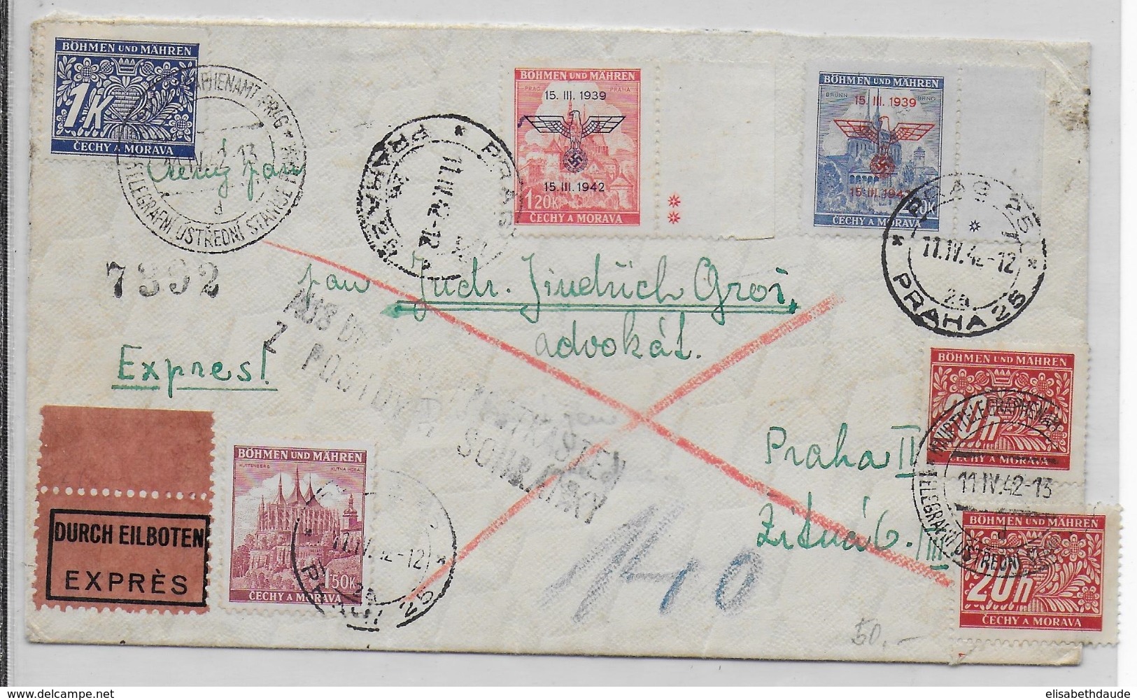 BÖHMEN UND MÄHREN - 1942 - ENVELOPPE EXPRES De PRAGUE Avec TAXE + OBLITERATION TELEGRAPHIQUE PNEUMATIQUE - Brieven En Documenten