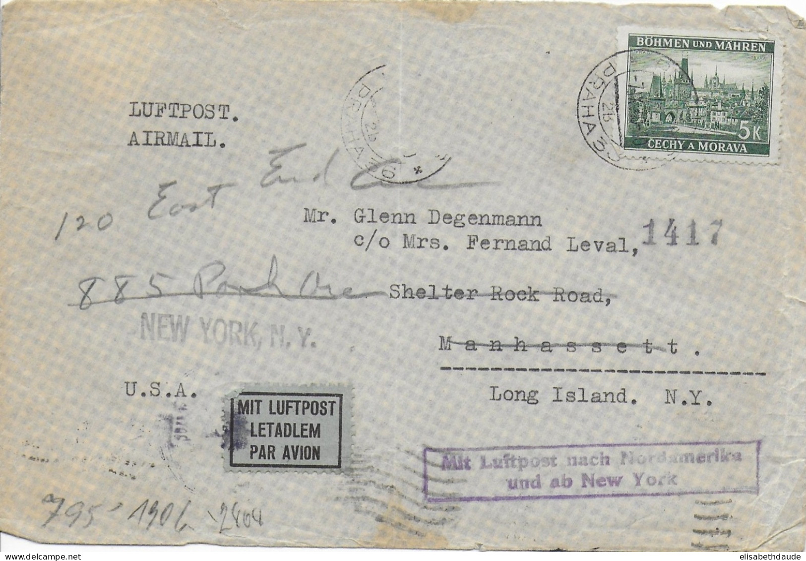 BÖHMEN UND MÄHREN - 1940 - ENVELOPPE Par AVION De PRAGUE Avec CENSURE AU DOS => MANHASSETT (LONG ISLAND - USA) - Lettres & Documents