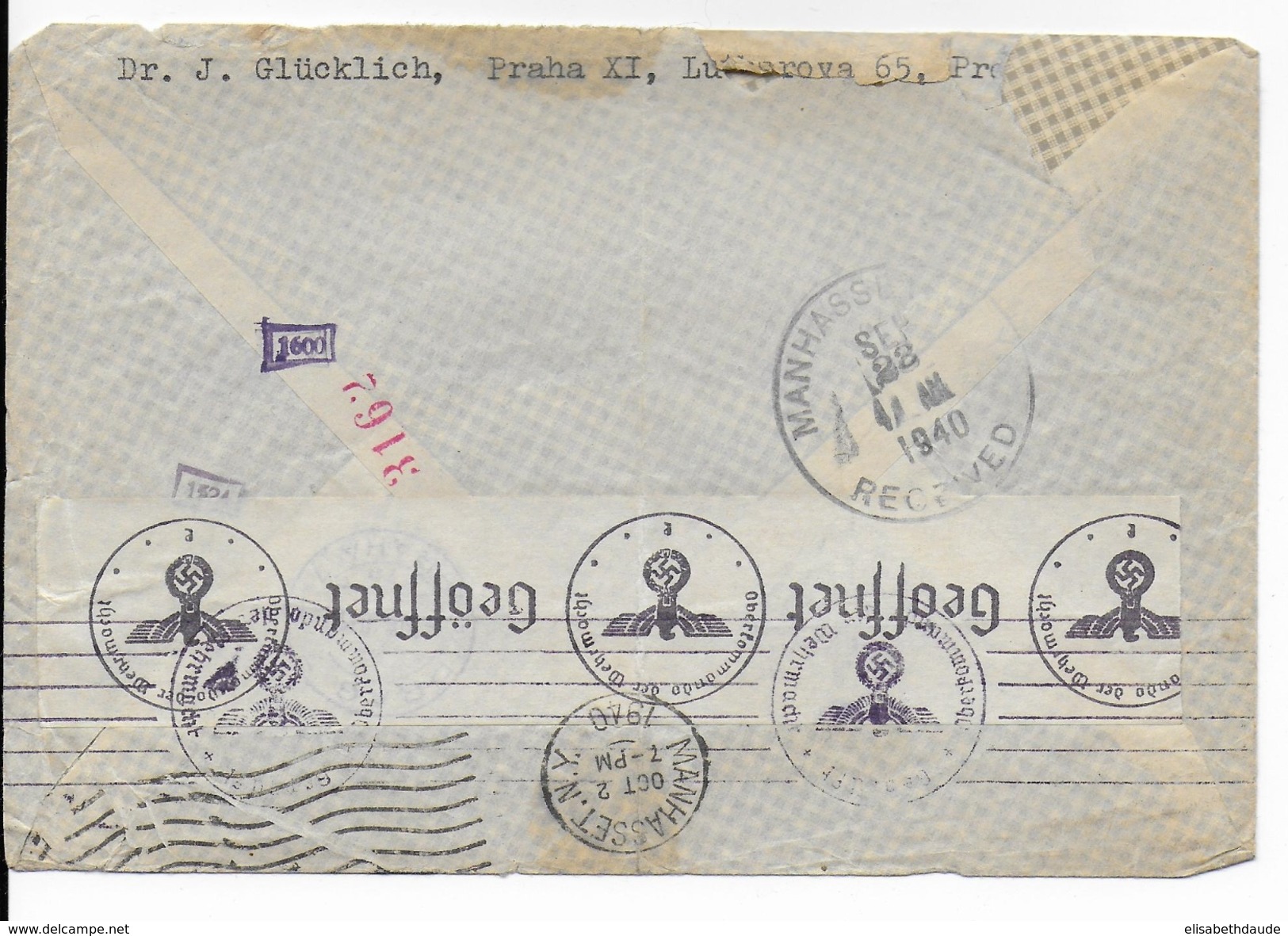 BÖHMEN UND MÄHREN - 1940 - ENVELOPPE Par AVION De PRAGUE Avec CENSURE AU DOS => MANHASSETT (LONG ISLAND - USA) - Lettres & Documents