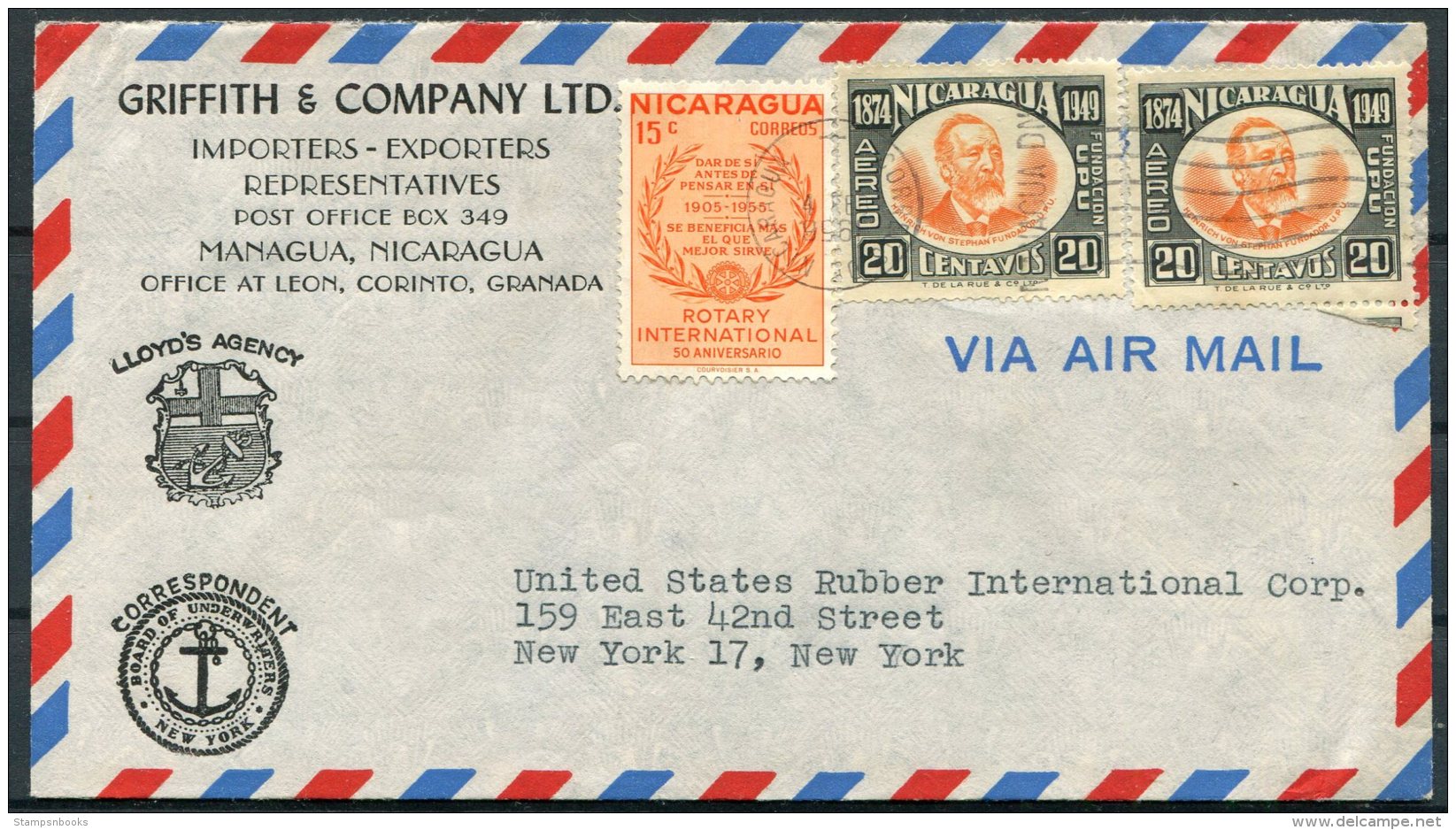 1956 Nicaragua 2 X Griffith &amp; Co. Lloyds Of London Insurance Rotary International Airmail Covers - USA - Nicaragua