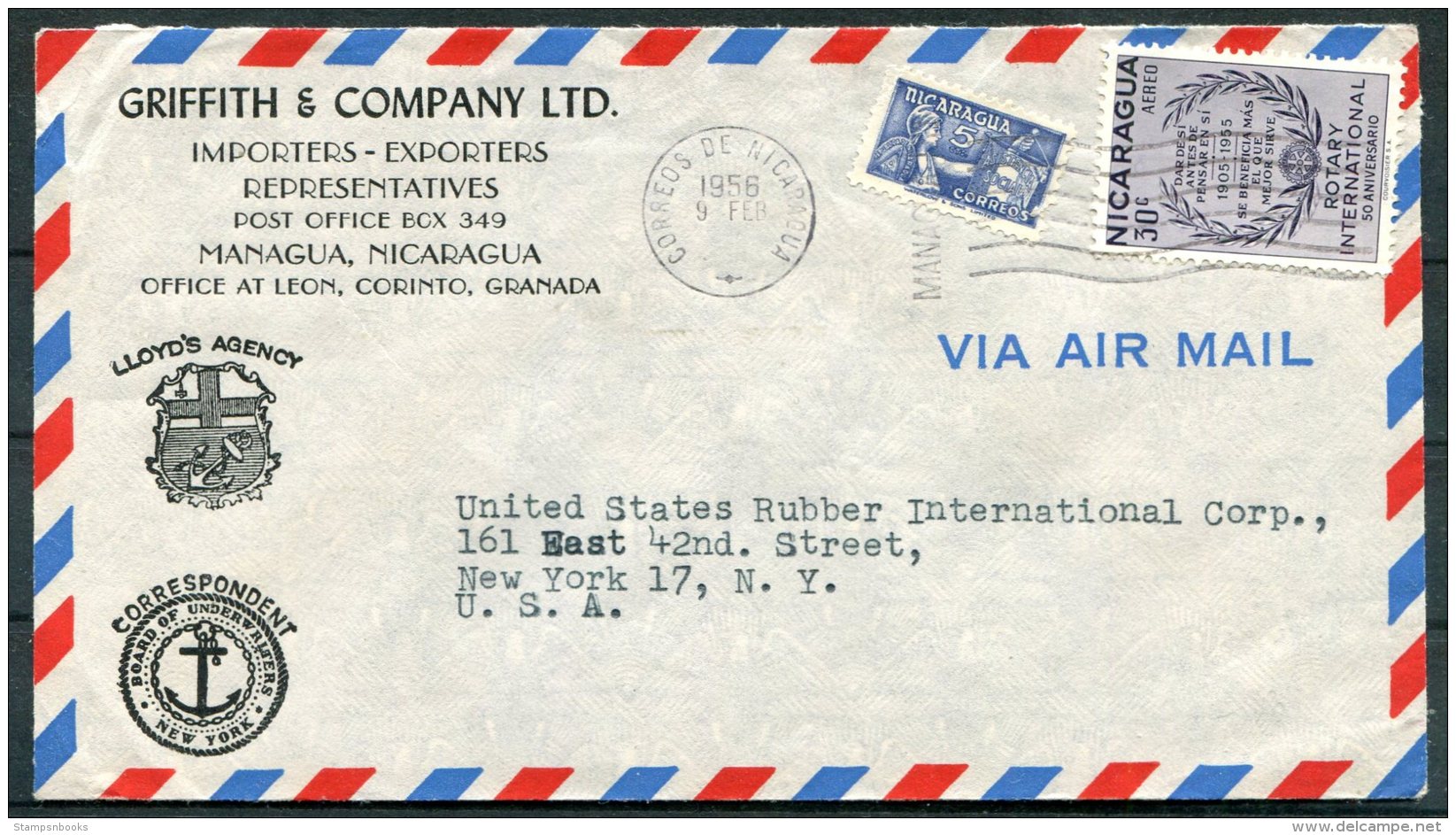 1956 Nicaragua 2 X Griffith &amp; Co. Lloyds Of London Insurance Rotary International Airmail Covers - USA - Nicaragua