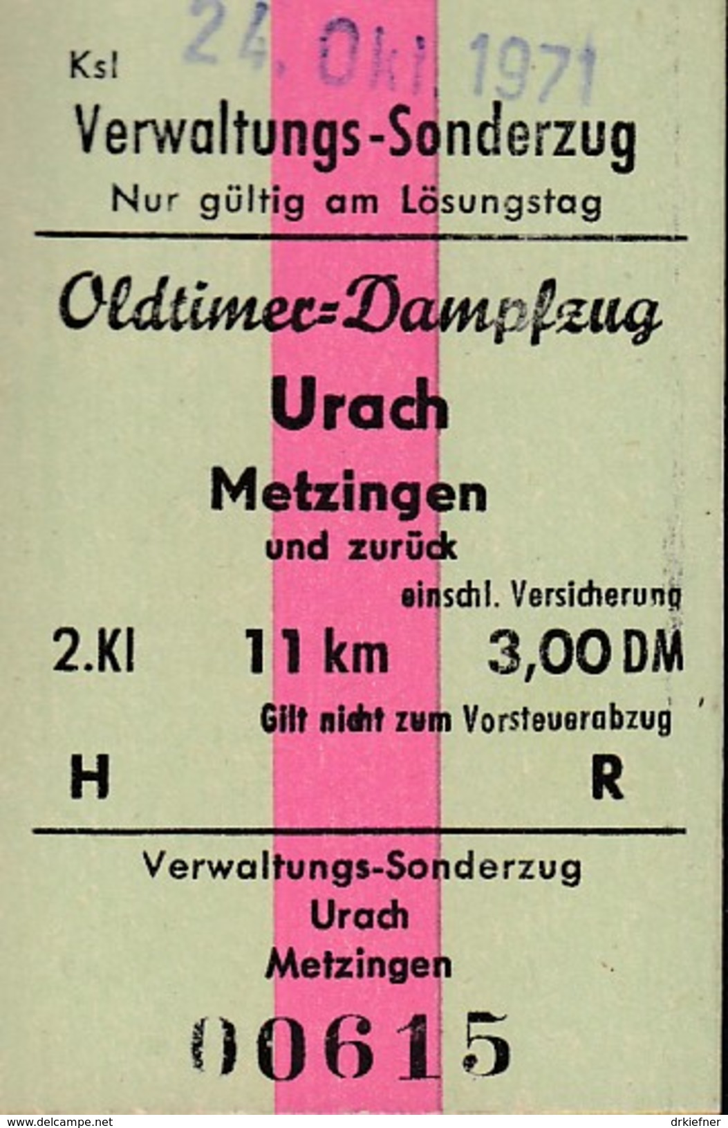 Verwaltungs-Sonderzug Oldtimer-Dampfzug Urach - Metzingen Am 26.SEP.1971, 3,00 DM, Rück-Fahrkarte - Europe