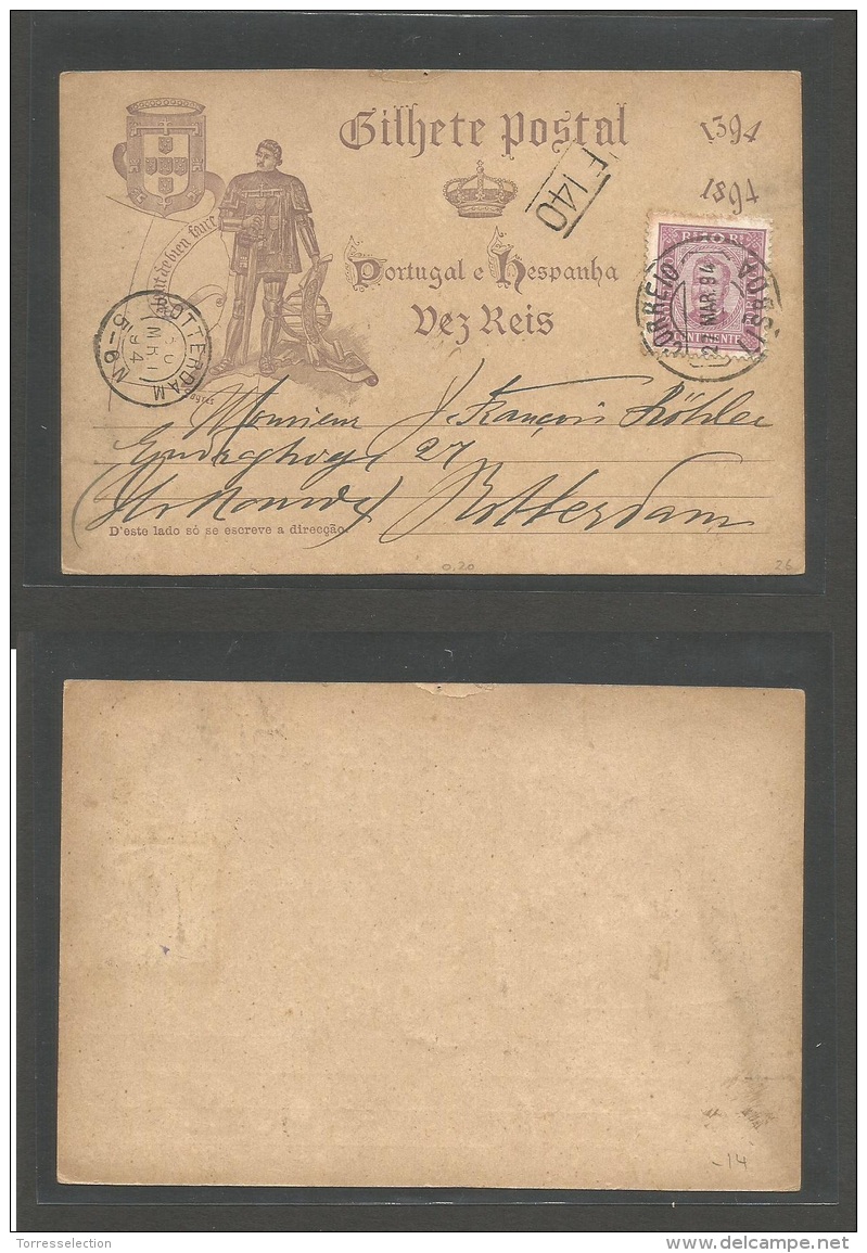 PORTUGAL - Stationery. 1894 (27 March) Lisboa - Netherlands, Rotterdam (20 March) 10rs Lilac V Centenary + Adtls, Tied C - Other & Unclassified