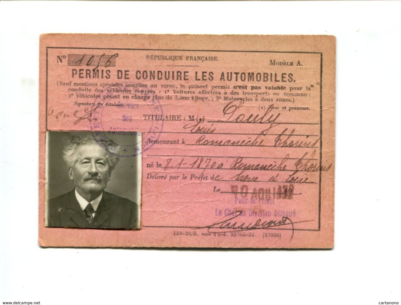 Permis De Conduire Pour Automobiles Délivré En Saone Et Loire (1932 ?) + Cachet Fiscal Au Dos - Autres & Non Classés