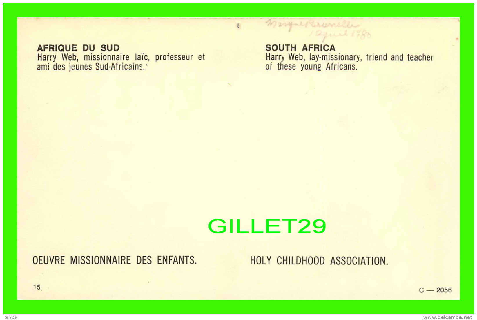 AFRIQUE DU SUD - HARRY WEB, MISSIONNAIRE LAIC - OEUVRE MISSIONNAIRE DES ENFANTS - - Afrique Du Sud