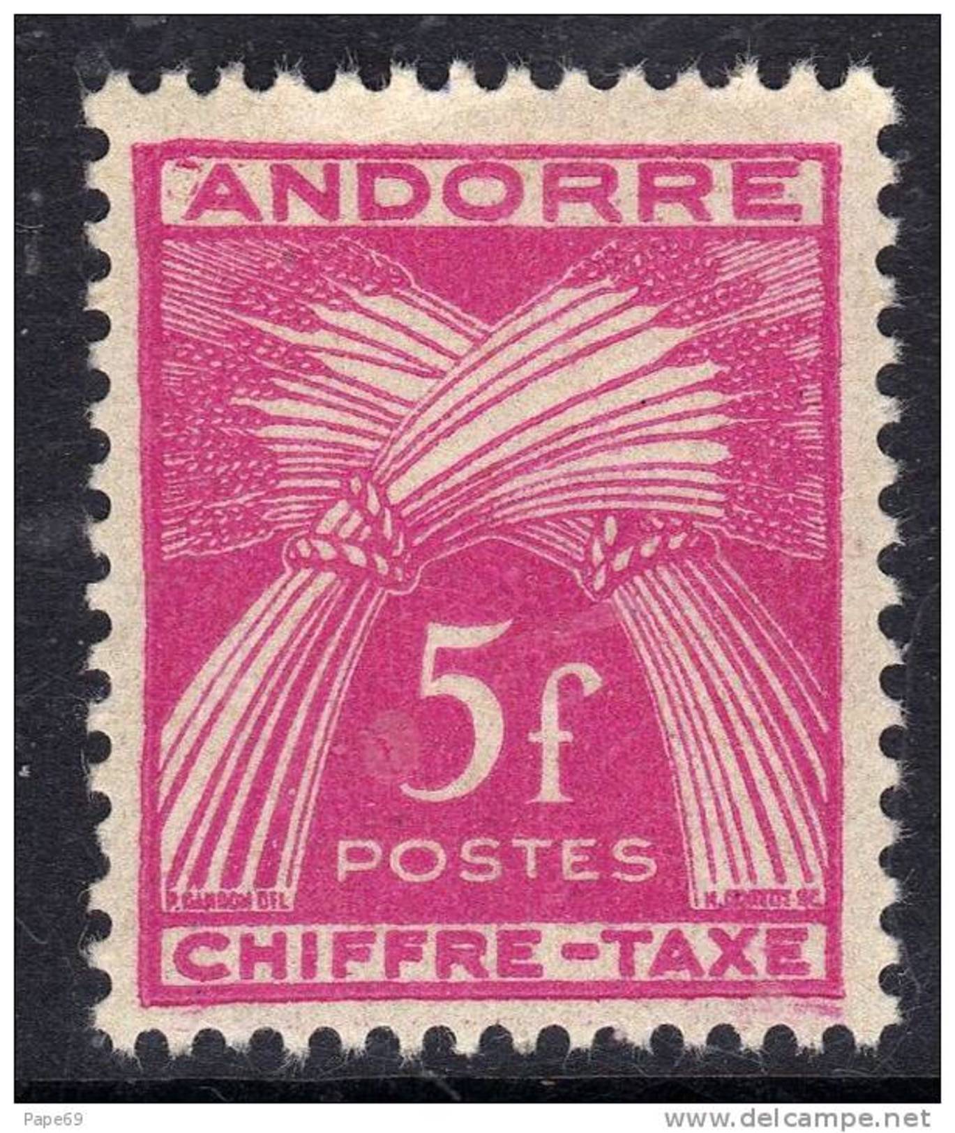 Andorre Taxe  N° 29 XX Type Gerbes Légende Chiffre-Taxe : 5 F. Rose-lilas Sans Charnière TB - Unused Stamps