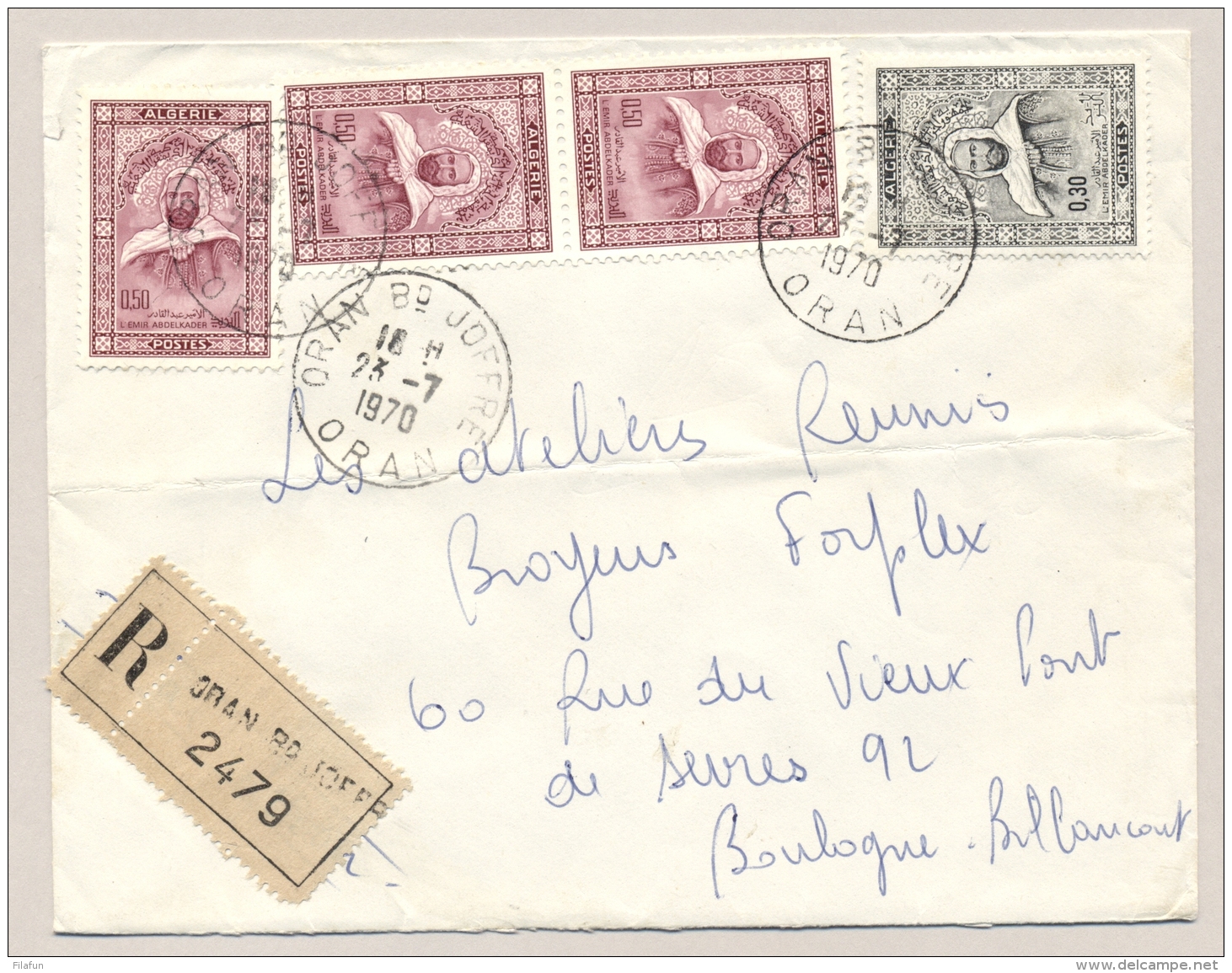 Algerie - 1970 - 4 Stamps Abd El-Kader On R-cover From Oran Bd Joffre To Boulogne - Algerije (1962-...)