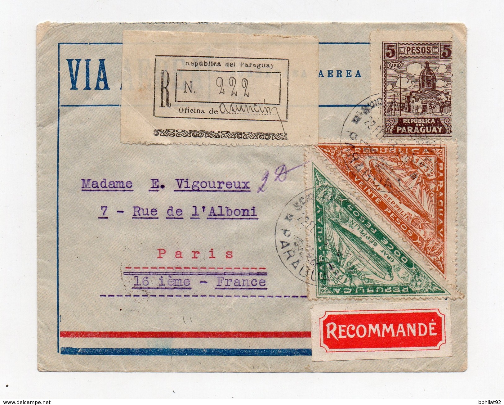 !!! LETTRE RECOMMANDEE PAR AVION D'ASUNCION POUR PARIS DU 22/2/1933, BEL AFFRANCH RECTO VERSO - Paraguay