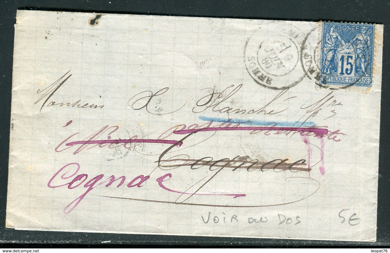 France - Lettre Avec Texte De Amiens Pour Cognac En 1880 , Redirigé Plusieurs Fois , Voir Cachets Au Verso - Ref A114 - 1877-1920: Période Semi Moderne