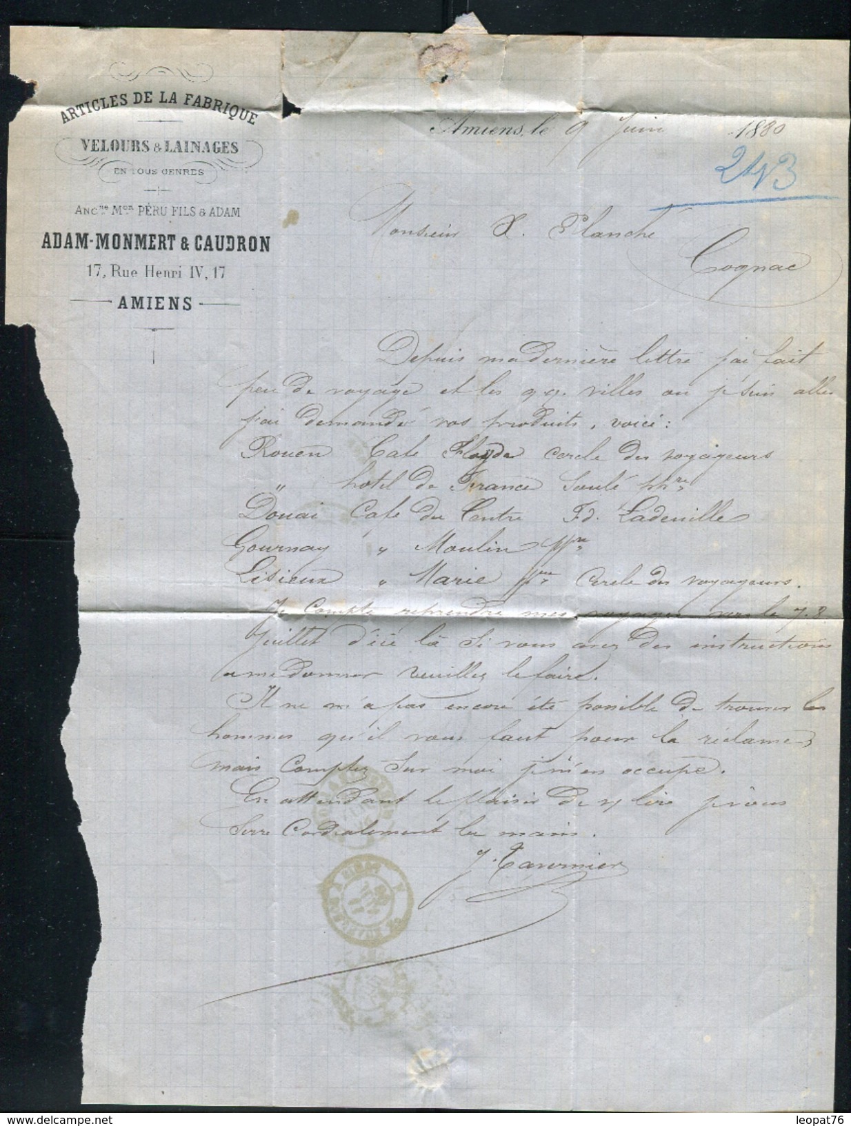 France - Lettre Avec Texte De Amiens Pour Cognac En 1880 , Redirigé Plusieurs Fois , Voir Cachets Au Verso - Ref A114 - 1877-1920: Période Semi Moderne