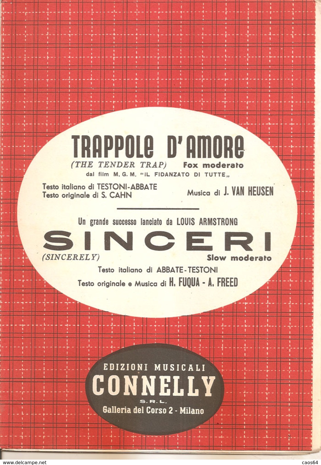TRAPPOLE D'AMORE - SINCERI	  Testoni Abbate Armstrong Cahn  Edizioni Musicali Connelly - Jazz
