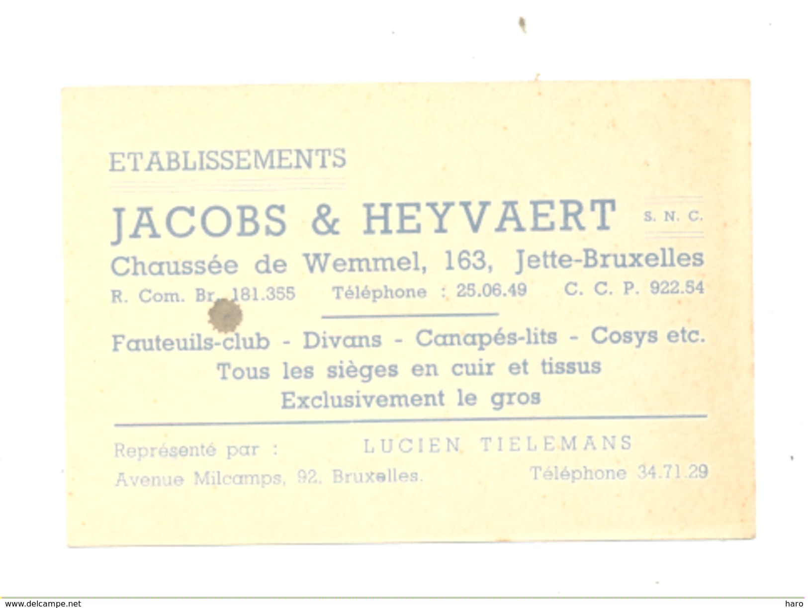 Carte De Visite - Fauteuils, Divans, Canapés,... JACOBS & HEYVAERT à Jette - Bruxelles (k) - Cartoncini Da Visita