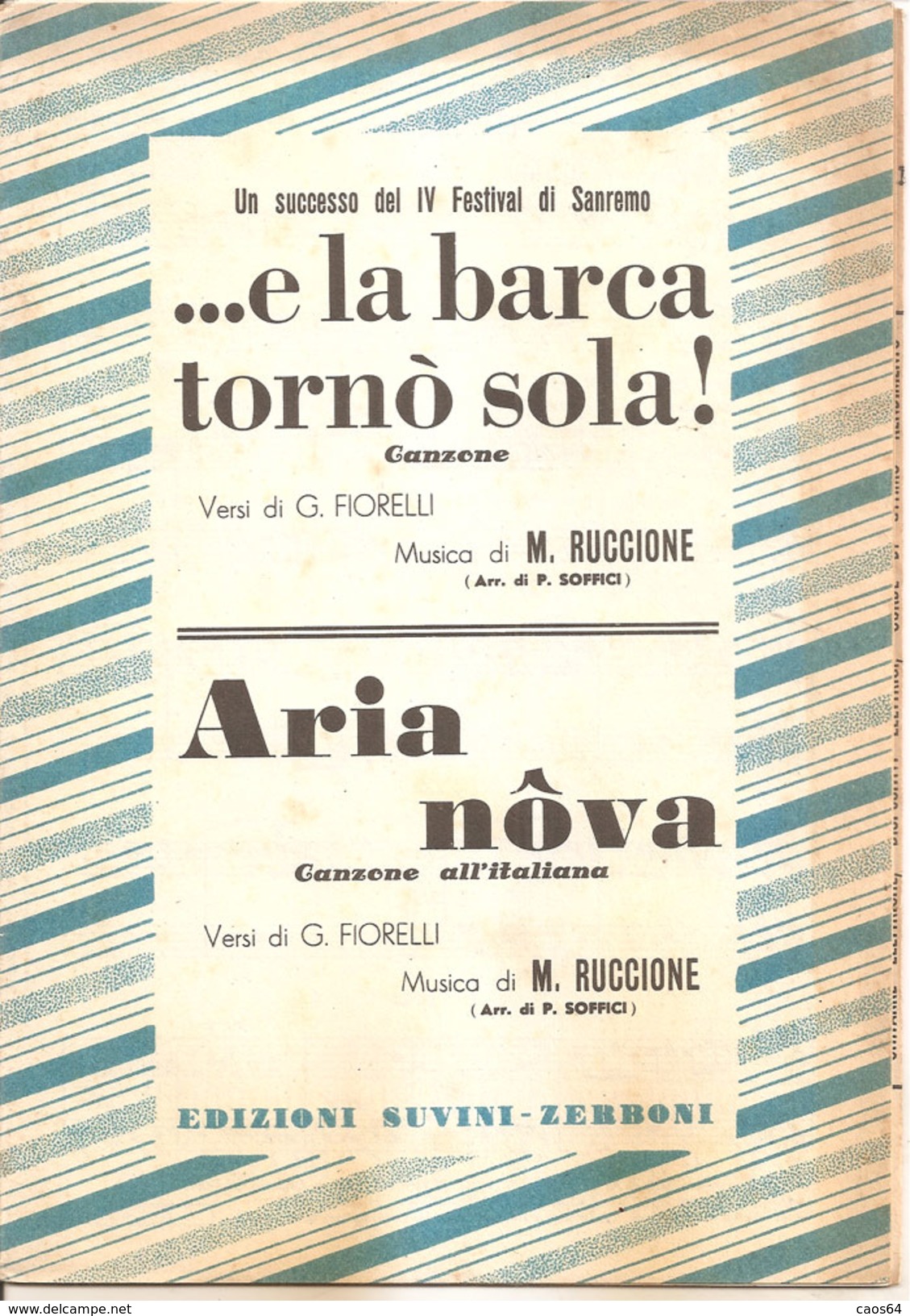 ...E LA BARCA TORNO' SOLA - ARIA NOVA	 Ruccione Fiorelli  Edizioni Suvini - Zerboni - Musique Folklorique