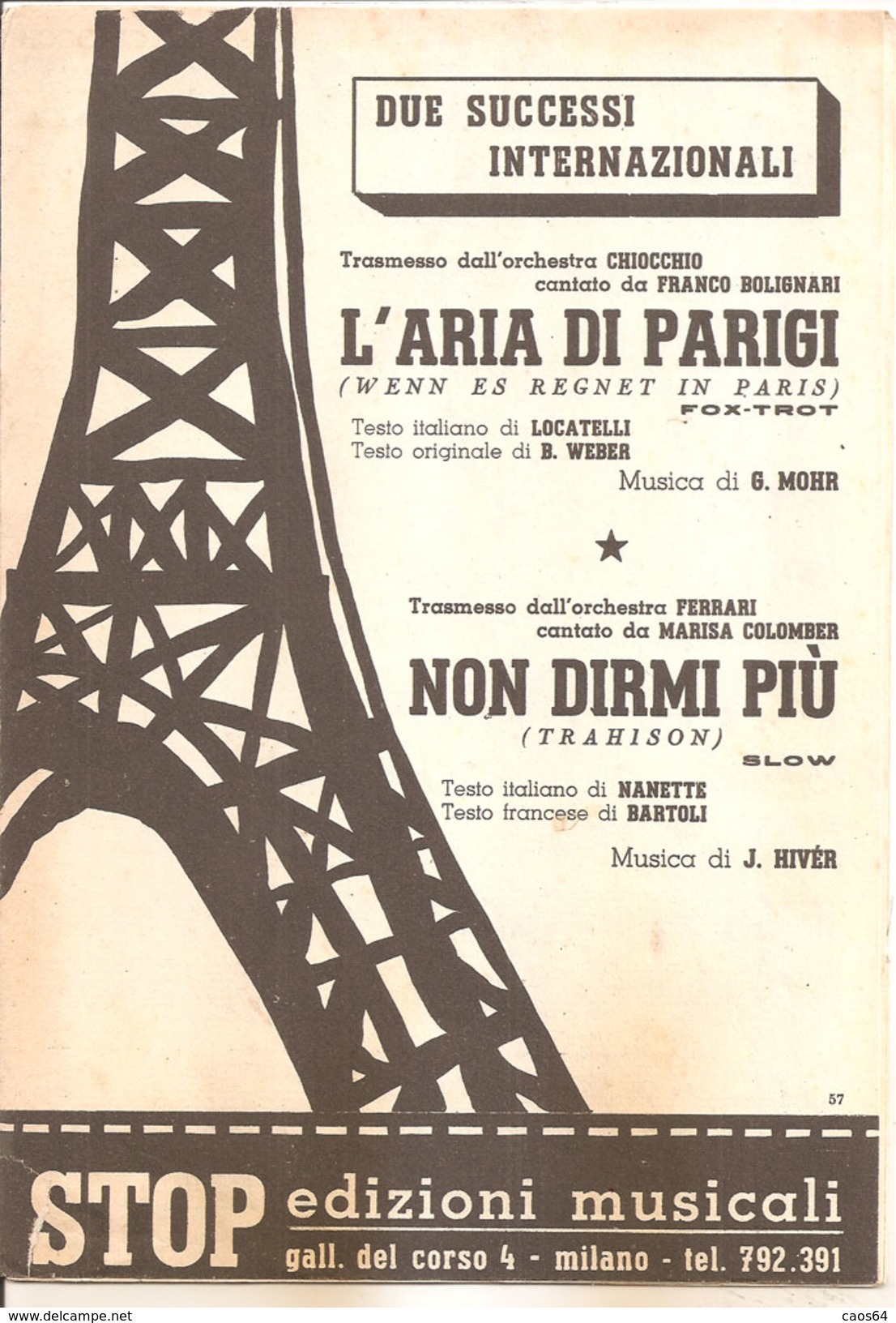 L'ARIA DI PARIGI - NON DIRMI PIU'	  Mohr Hiver Locatelli Barbaro  Stop Edizioni Musicali - Folk Music