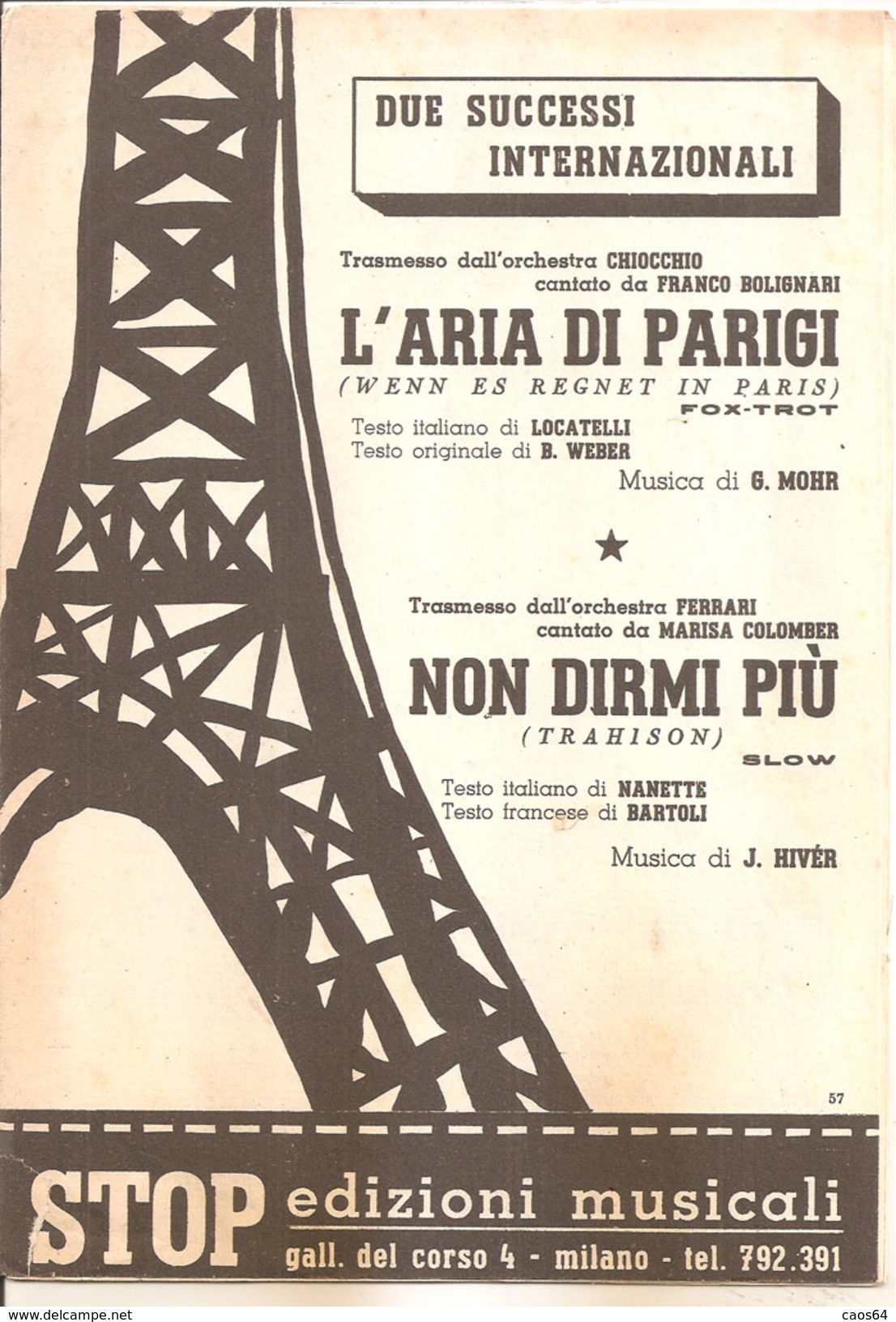 L'ARIA DI PARIGI - NON DIRMI PIU'	  Mohr Hiver Locatelli Barbaro  Stop Edizioni Musicali - Musica Popolare