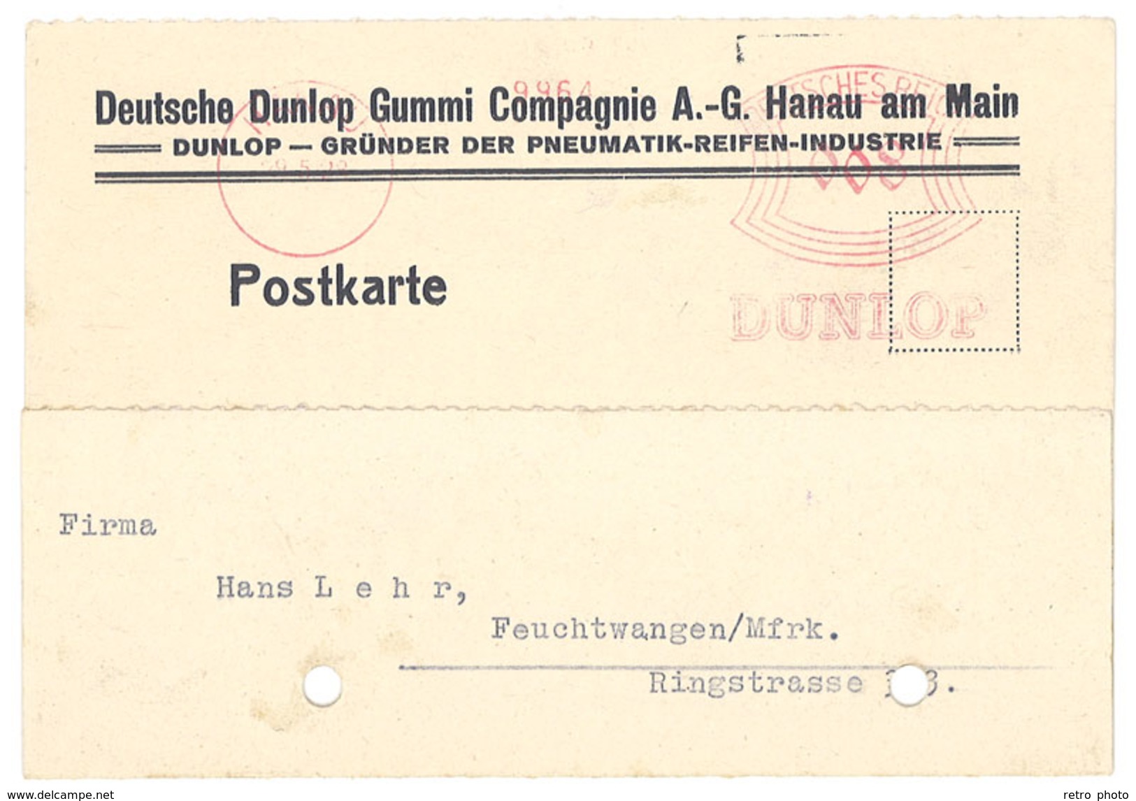 Carte Commerciale Allemagne - Deutsche Dunlop Gummi Compagnie A.-G. Hanau Am Main - Publicité