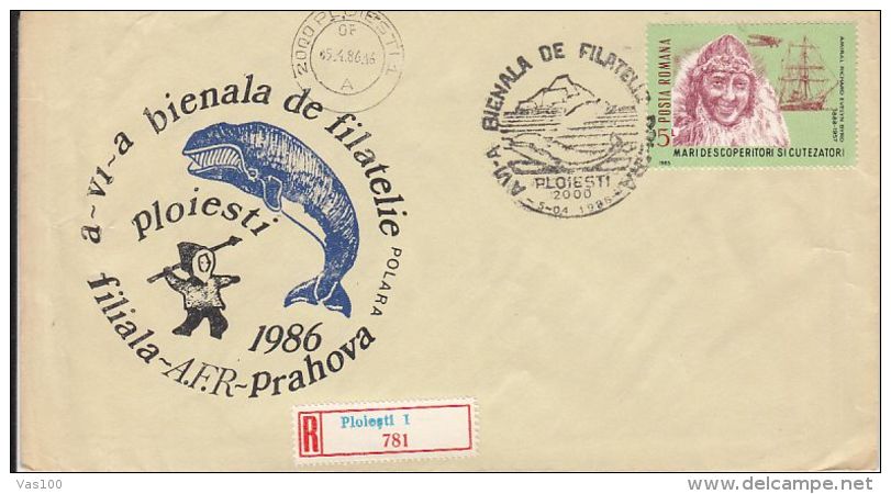 POLAR PHILATELIC EXHIBITION, WHALE, SHIP, ADMIRAL BYRD, REGISTERED SPECIAL COVER, 1986, ROMANIA - Eventos Y Conmemoraciones