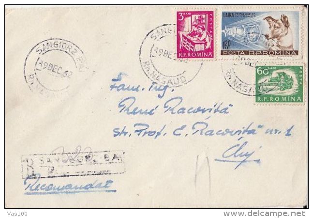 EDUCATION, LAJKA DOG IN SPACE, COSMOS, WHEAT HARVESTER, STAMPS ON REGISTERED COVER, 1962, ROMANIA - Storia Postale