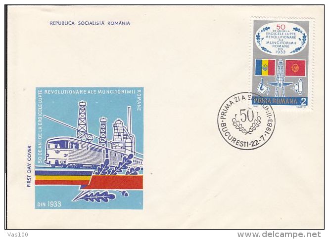 ROMANIAN WORKERS 1933 UPRISING ANNIVERSARY, TRAIN, INDUSTRY, COVER FDC, 1983, ROMANIA - FDC