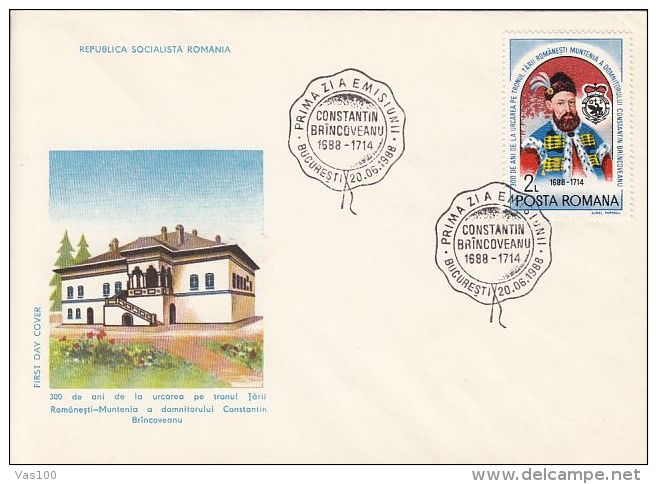 PRINCE CONSTANTIN BRANCOVEANU OF WALLACHIA, CASTLE, COVER FDC, 1988, ROMANIA - FDC