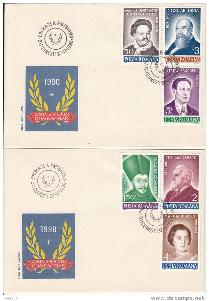 ANNIVERSARIES OF YEAR 1990, PERSONALITIES, COVER FDC, 2X, 1990, ROMANIA - FDC