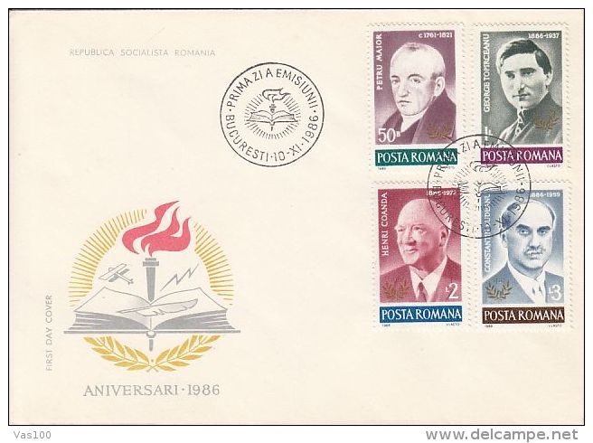 ANNIVERSARIES OF YEAR 1986, P. MAIOR, G. TOPARCEANU, H. COANDA, C. BUDEANU, COVER FDC, 1986, ROMANIA - FDC