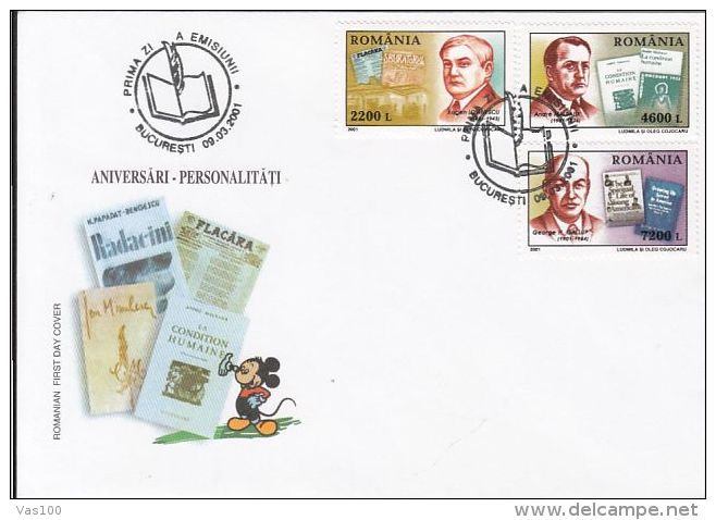 ANNIVERSARIES OF YEAR 2001, E. LOVINESCU, A. MALRAUX, G.H. GALLUP, COVER FDC, 2001, ROMANIA - FDC