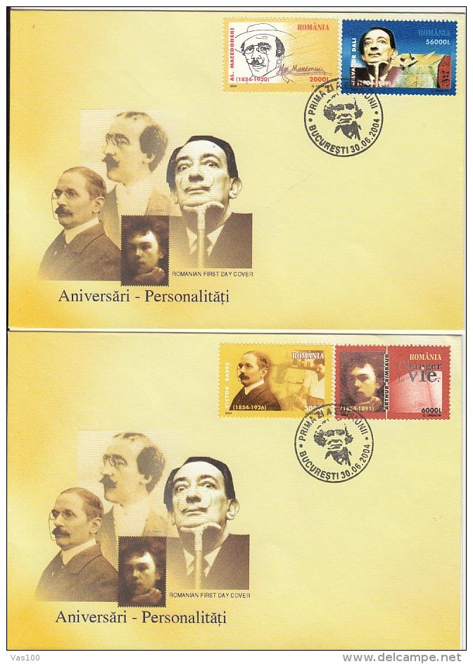 ANNIVERSARIES OF YEAR 2004, BABES, RIMBAUD, MACEDONSKI, DALI, COVER FDC, 2X, 2004, ROMANIA - FDC