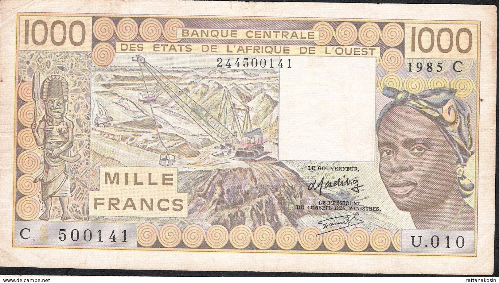 W.A.S. LETTER C BURKINA FASO 1000 FRANCS 1985  VF NO P.h. ! - Burkina Faso