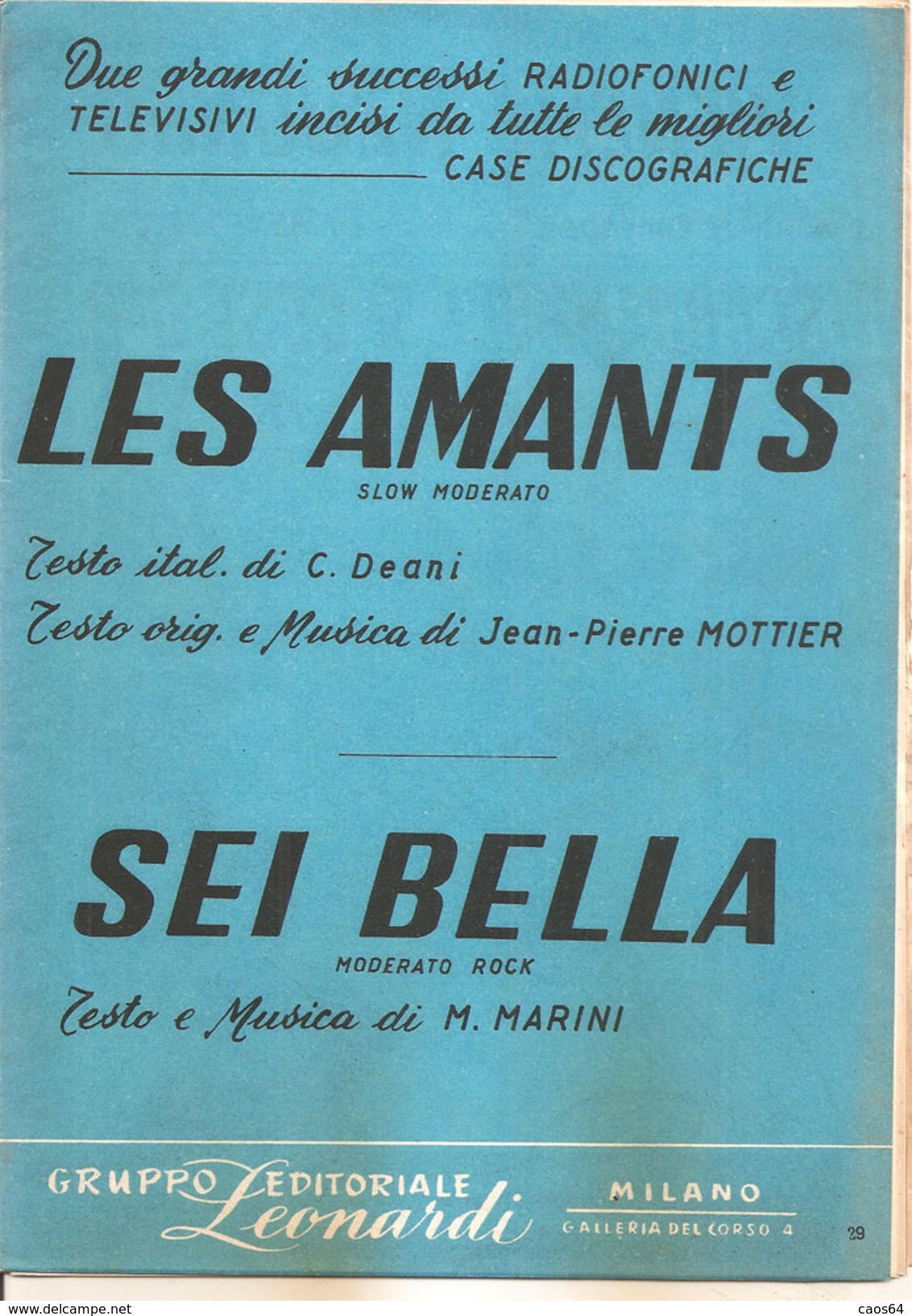 LES AMANTS - SEI BELLA	  Deani Marini  Gruppo Editoriale Leonardi - Musique Folklorique