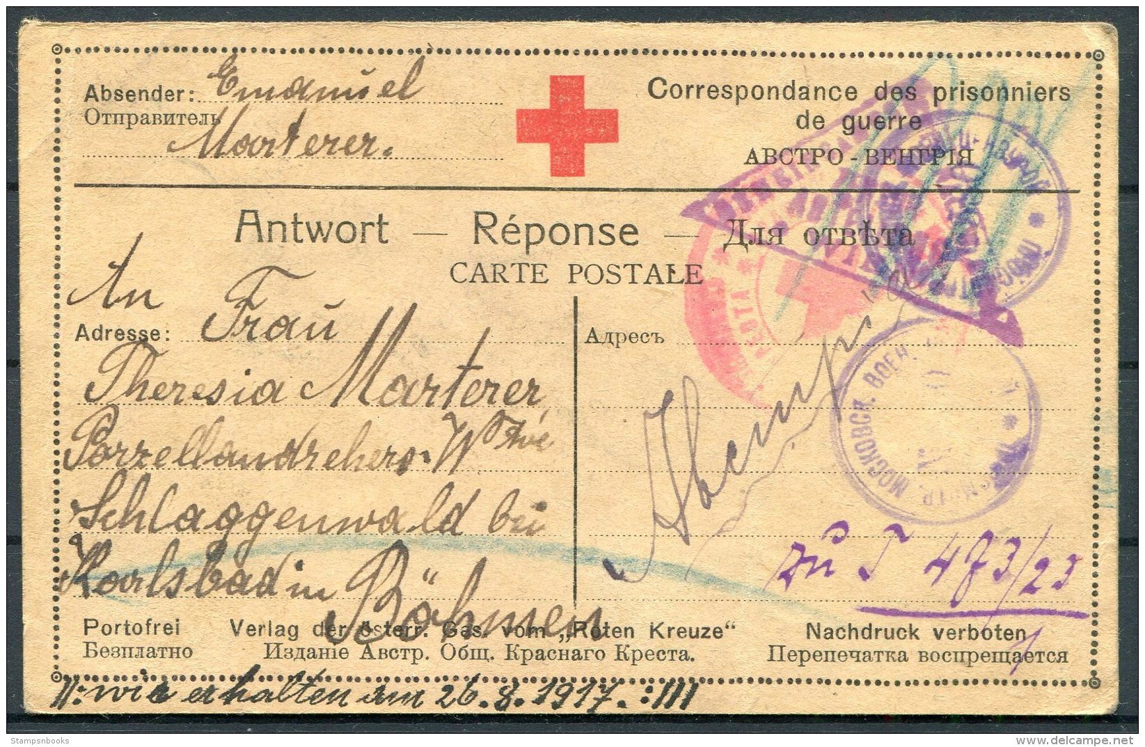 1917 Russia Germany POW Kriegsgefangenen Guerre Red Cross Stationery Postcard. Censor - Covers & Documents