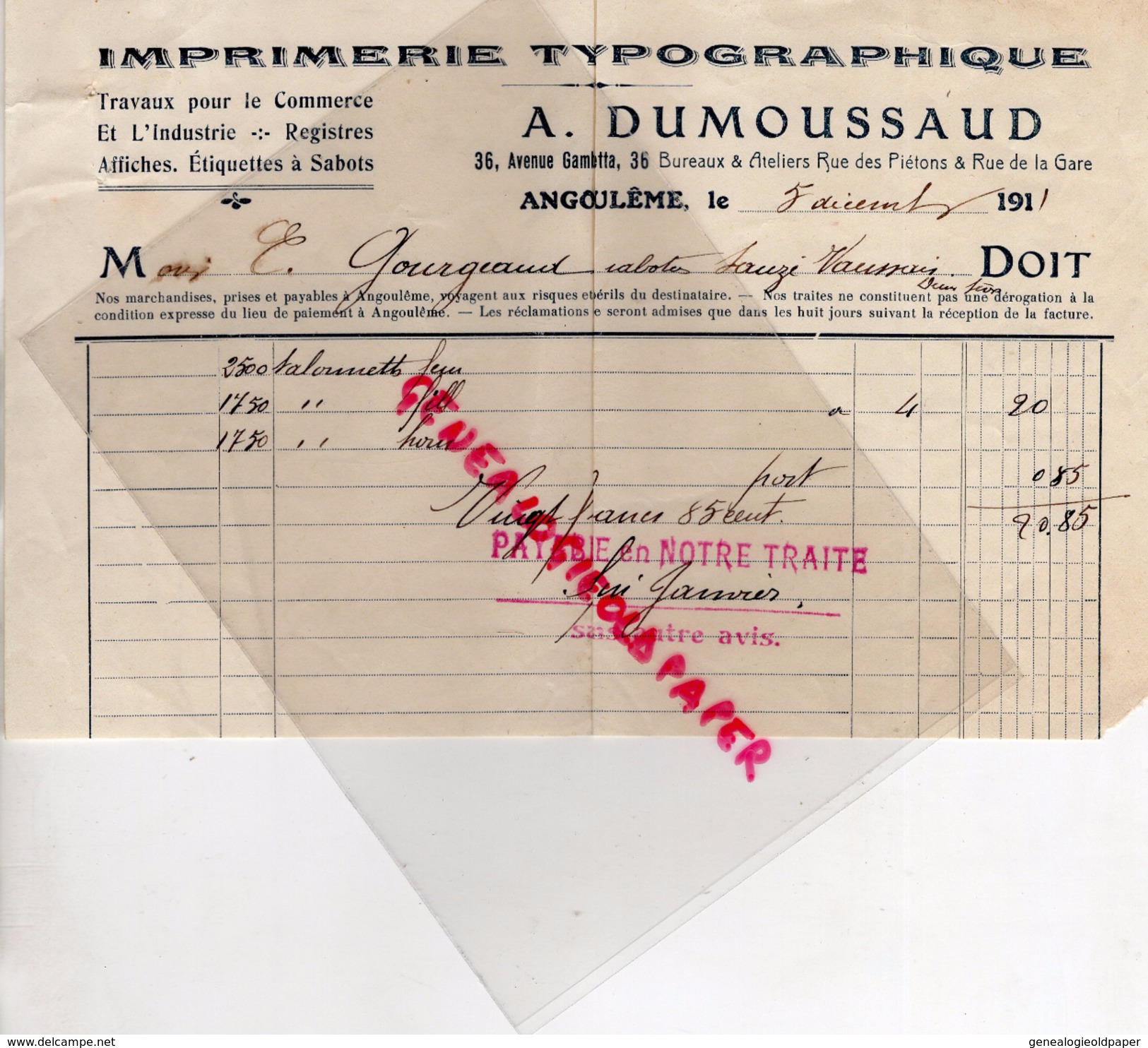 16 - ANGOULEME - FACTURE IMPRIMERIE TYPOGRAPHIQUE A. DUMOUSSAUD-36 AV. GAMBETTA -1911 - Printing & Stationeries