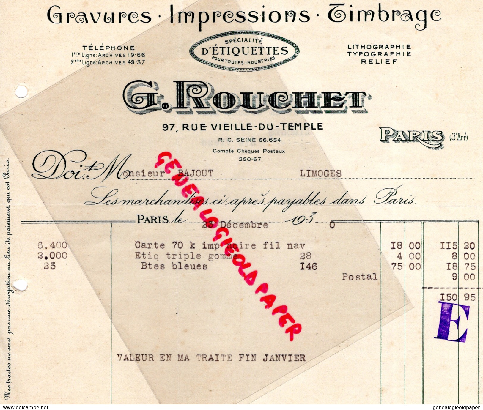 75 - PARIS -3EME- FACTURE G. ROUCHET-IMPRIMERIE GRAVURE- LITHOGRAPHIE- 97 RUE VIEILLE DU TEMPLE- 1930 - Imprimerie & Papeterie