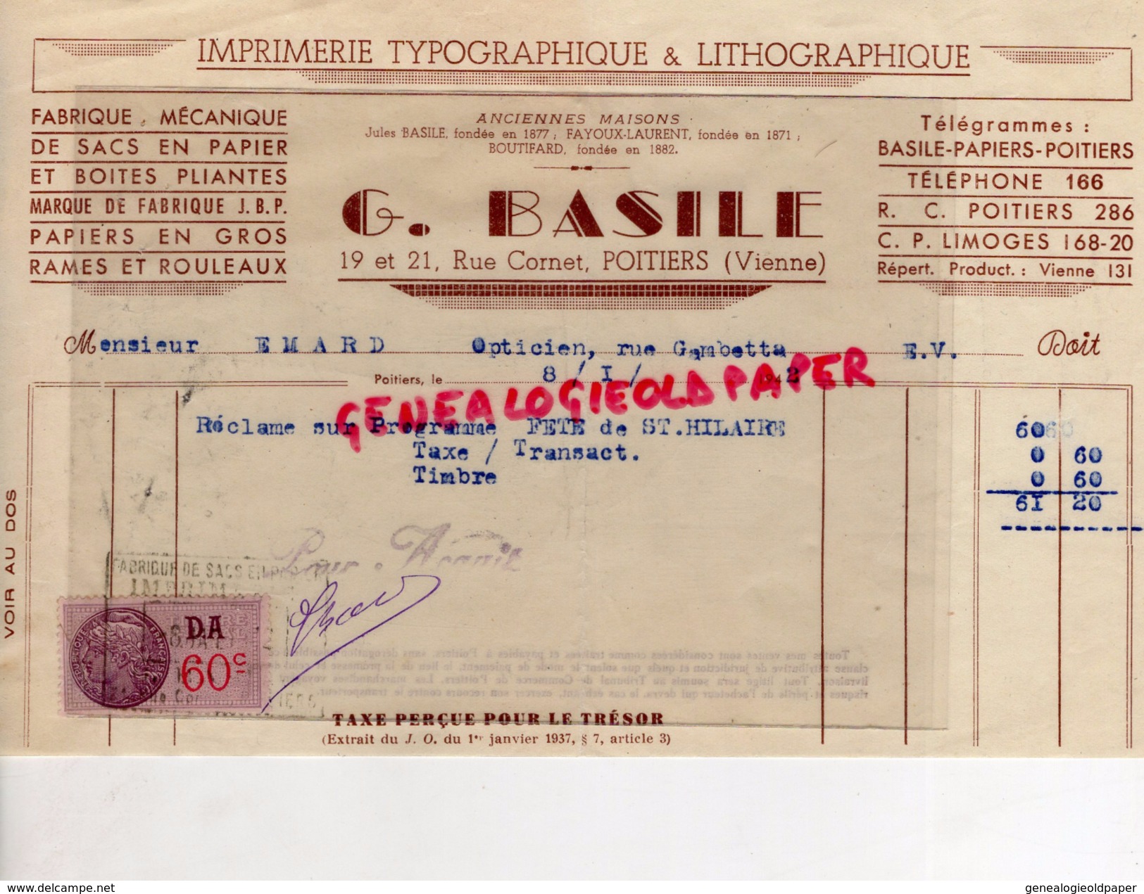 86- POITIERS- FACTURE IMPRIMERIE TYPOGRAPHIE LITHOGRAPHIE- G. BASILE-19 RUE CORNET- 1942 - Imprimerie & Papeterie