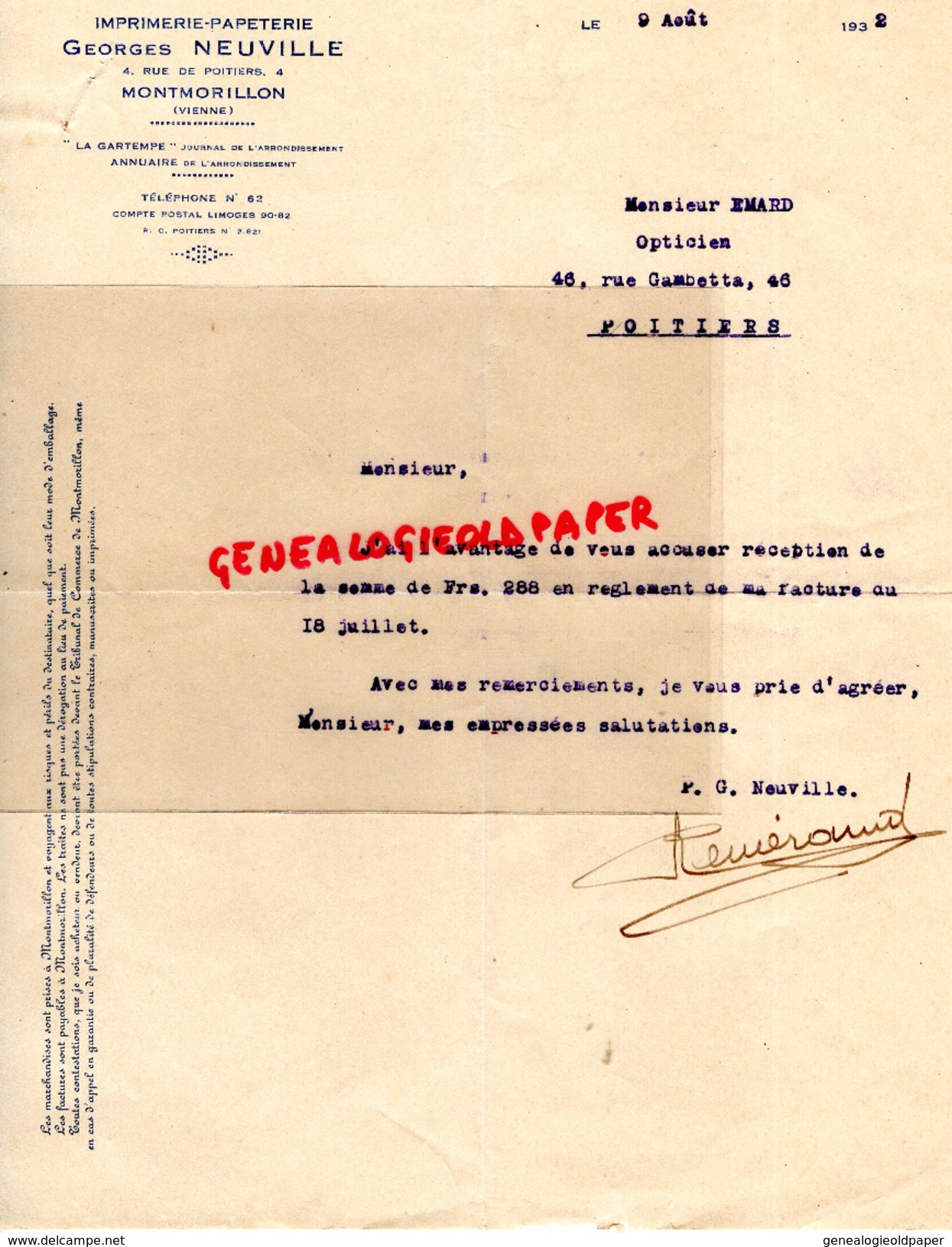 86- MONTMORILLON - FACTURE IMPRIMERIE -GEORGES NEUVILLE -4 RUE POITIERS- 1932 A M. EMARD OPTICIEN 46 RUE GAMBETTA - Drukkerij & Papieren