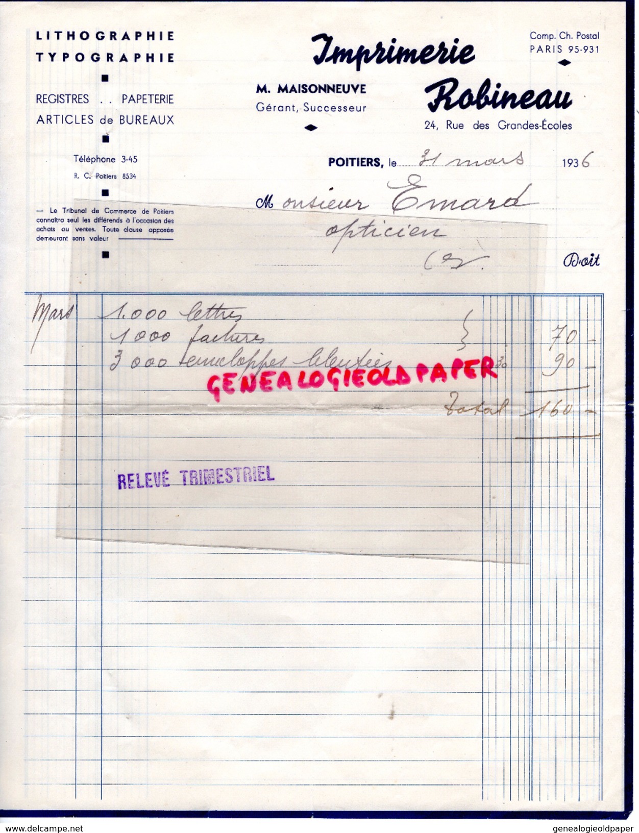 86 - POITIERS - FACTURE IMPRIMERIE ROBINEAU- M. MAISONNEUVE- 24 RUE GRANDES ECOLES- LITHOGRAPHIE TYPOGRAPHIE-1936 - Druck & Papierwaren