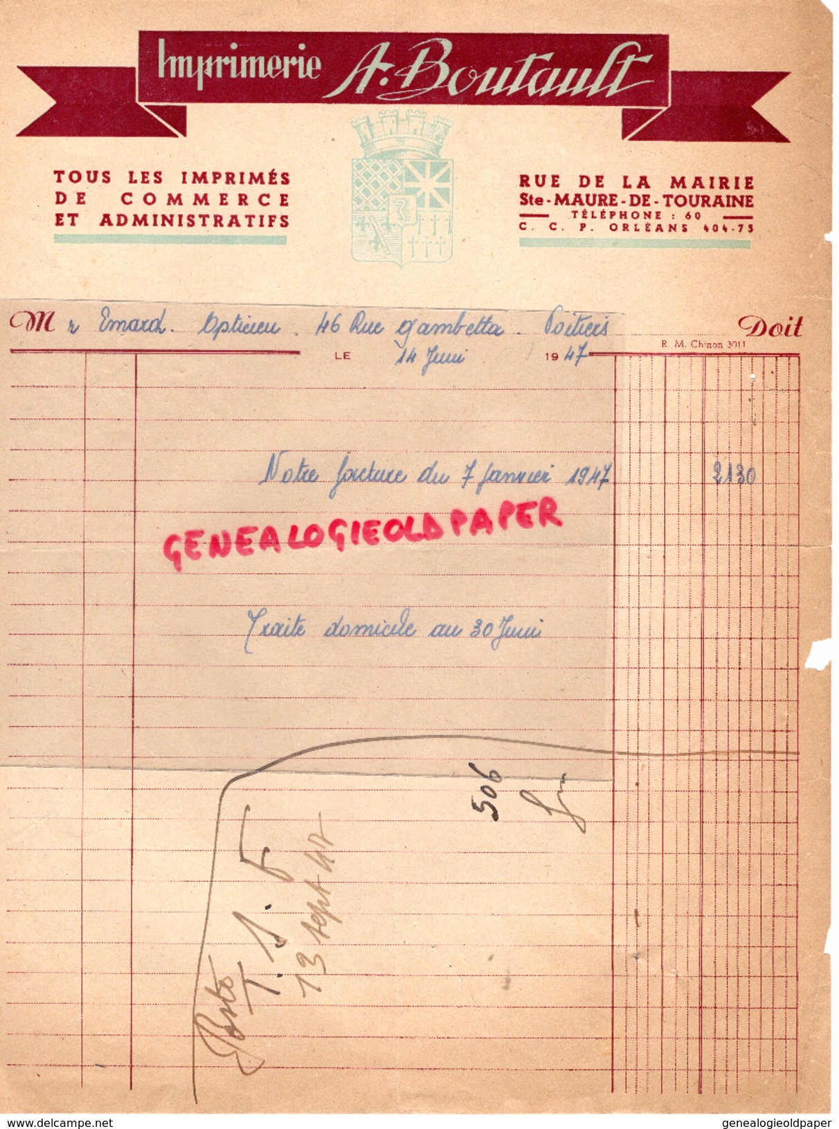 37 - SAINTE MAURE DE TOURAINE- FACTURE IMPRIMERIE A. BOUTAULT- RUE MAIRIE- 1947 - I