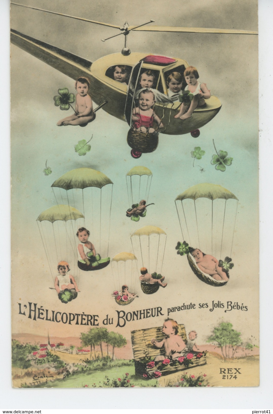 ENFANTS - BEBES - Jolie Carte Fantaisie "L'Hélicoptère Du Bonheur Parachute Ses Jolis Bébés " - Bébés