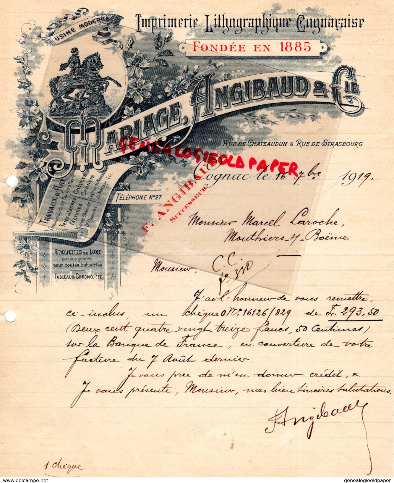 16 - COGNAC - BELLE FACTURE MARIAGE ANGIBAUD -IMPRIMERIE LITHOGRAPHIE- RUE DE CHATEAUDUN-1919 - Imprimerie & Papeterie