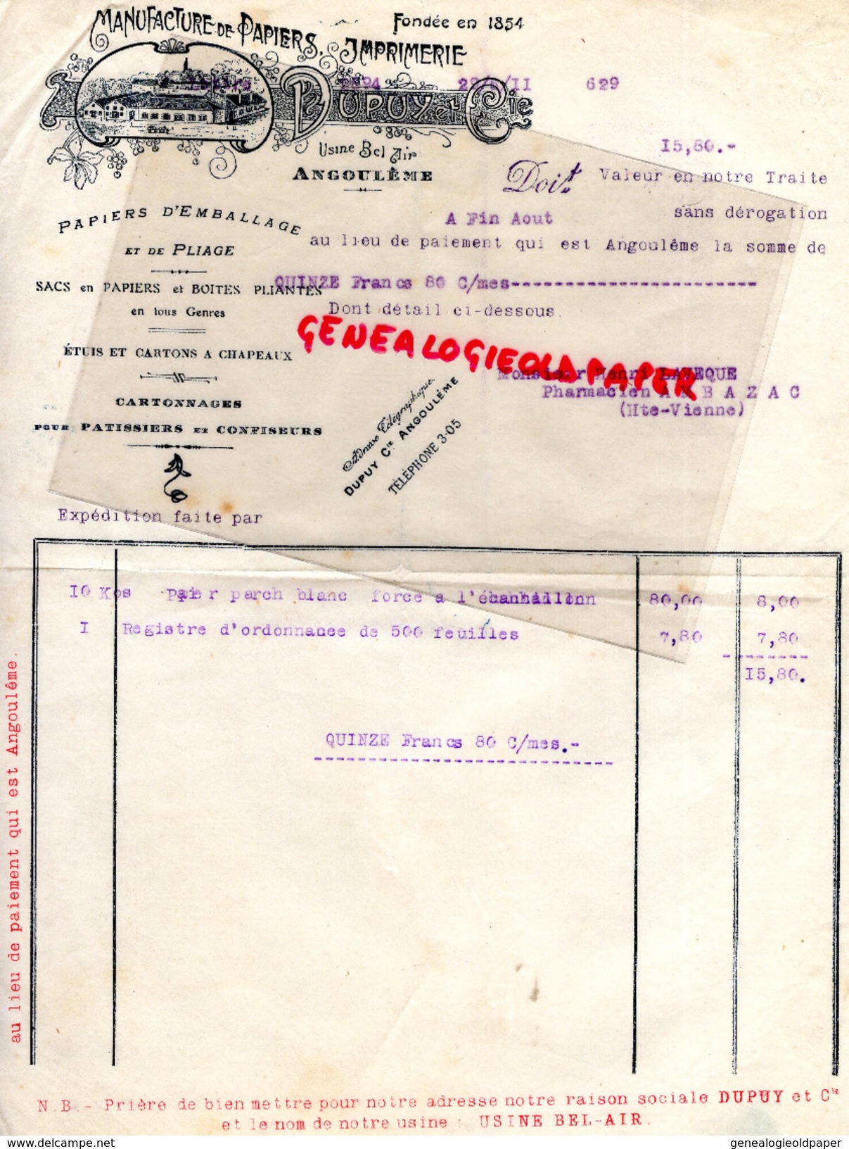 16 - ANGOULEME - FACTURE MANUFACTURE PAPIERS -IMPRIMERIE- DUPUY & CIE- USINE BEL AIR- HENRI LEVEQUE PHARMACIEN AMBAZAC- - Printing & Stationeries