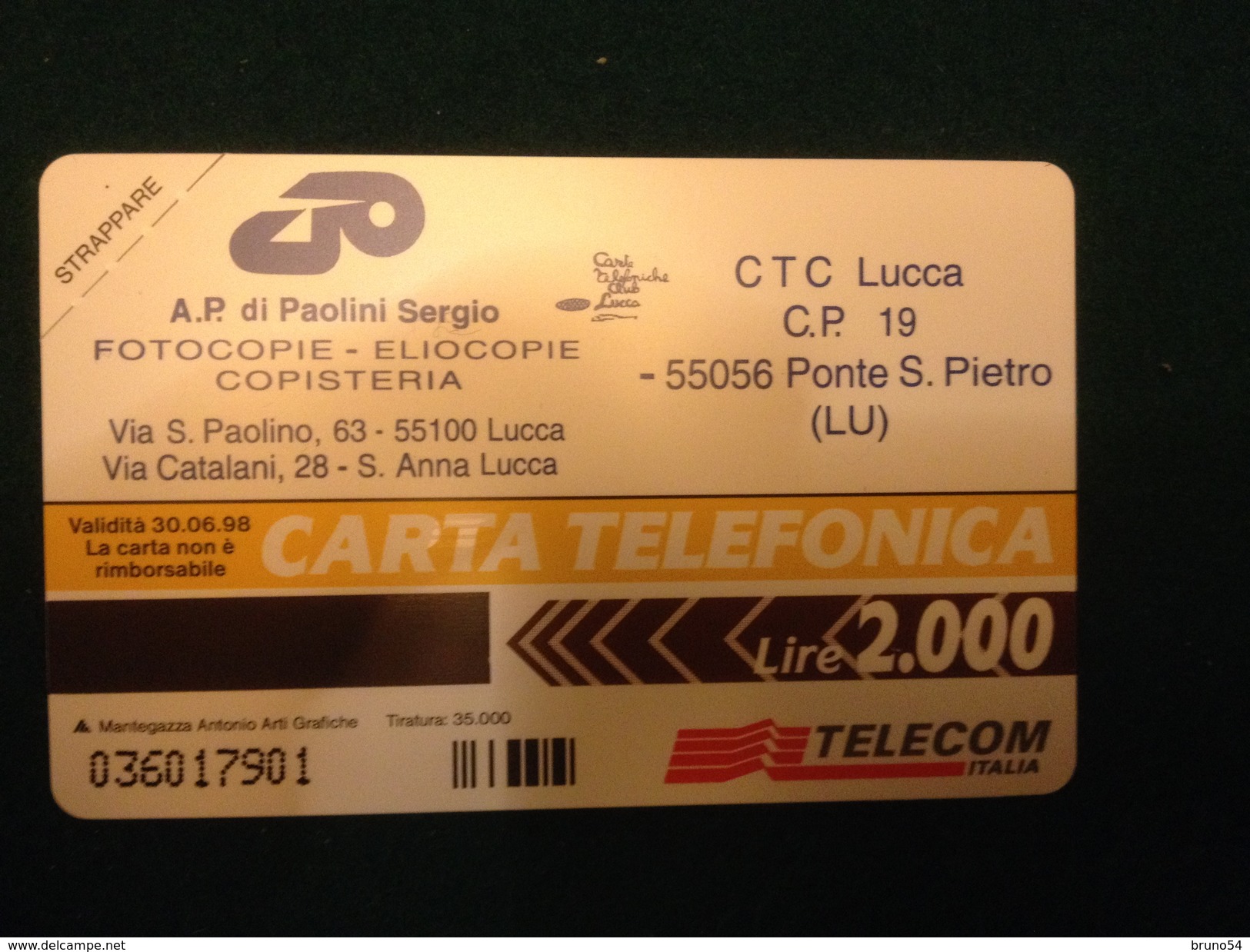 Scheda Telefonica Golden 301 Nuova Da Lire 2000 CTC  Ponte S. Pietro  Lucca Tiratura  35.000 - Privées Rééditions