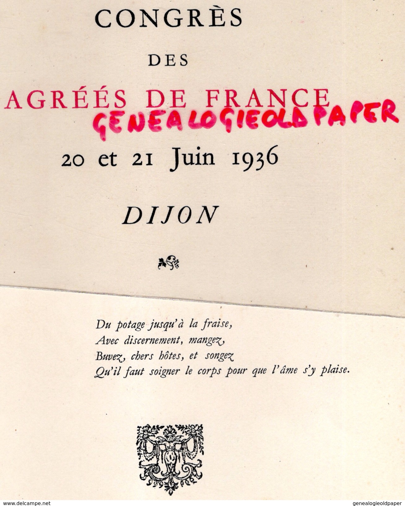 21 - DIJON - BEAU MENU CARTONNE- TOUR DE BAR FUSAIN D. RICHIER- CONGRES DES AGREES DE FRANCE-1936- RACOUCHOT TRAITEUR- - Menükarten