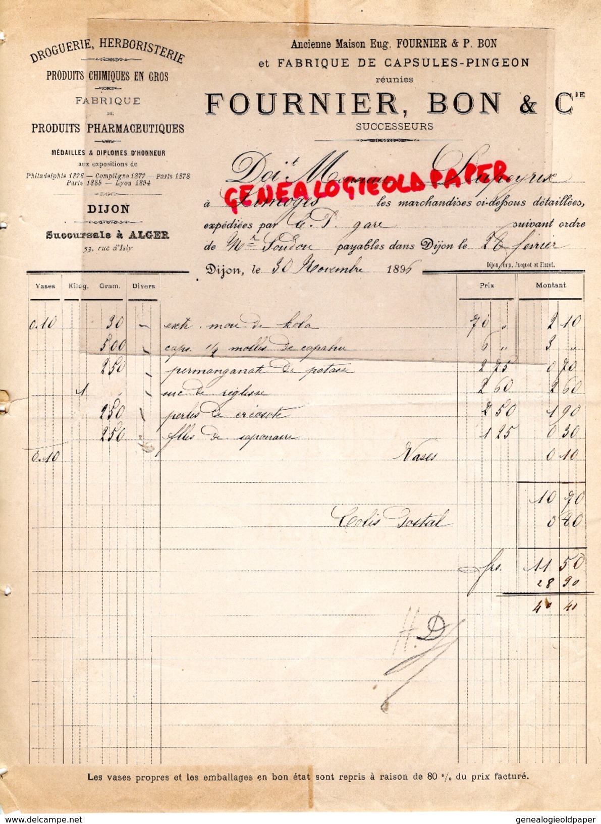 21 - DIJON - FACTURE 1896- FOURNIER BON- FABRIQUE CAPSULES PINGEON-DROGUERIE HERBORISTERIE- DUPEYRIX LIMOGES - 1800 – 1899