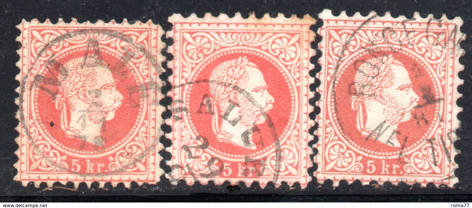 AUSTRIA 1874 , Tre Valori Del 5 Kr Usato Unificato N. 34/I - Oblitérés