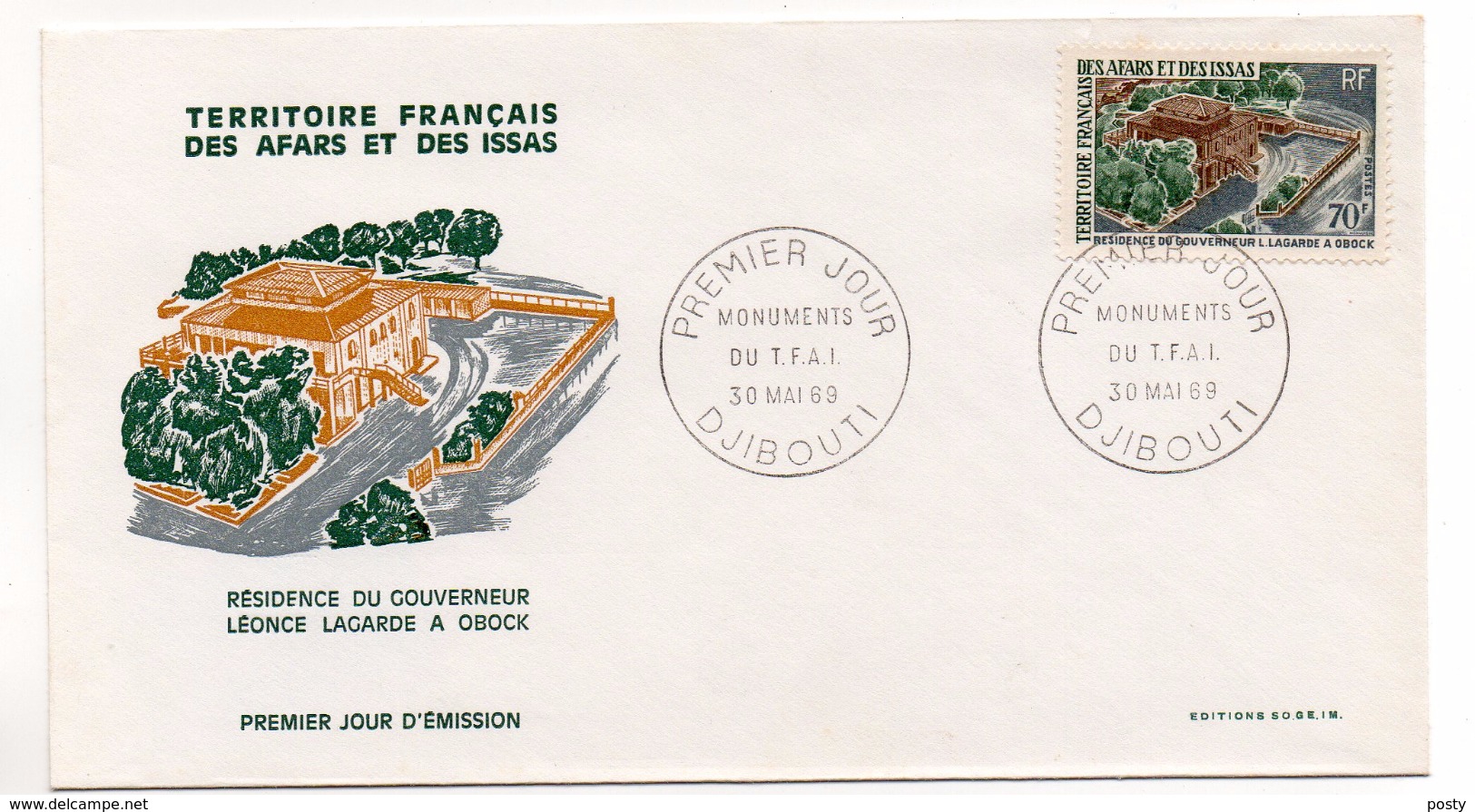 TERRITOIRE FRANCAIS DES AFARS ET DES ISSAS - DJIBOUTI - FDC - RESIDENCE DU GOUVERNEUR LEONCE LAGARDE A OBOCK - 30/05/69- - Covers & Documents