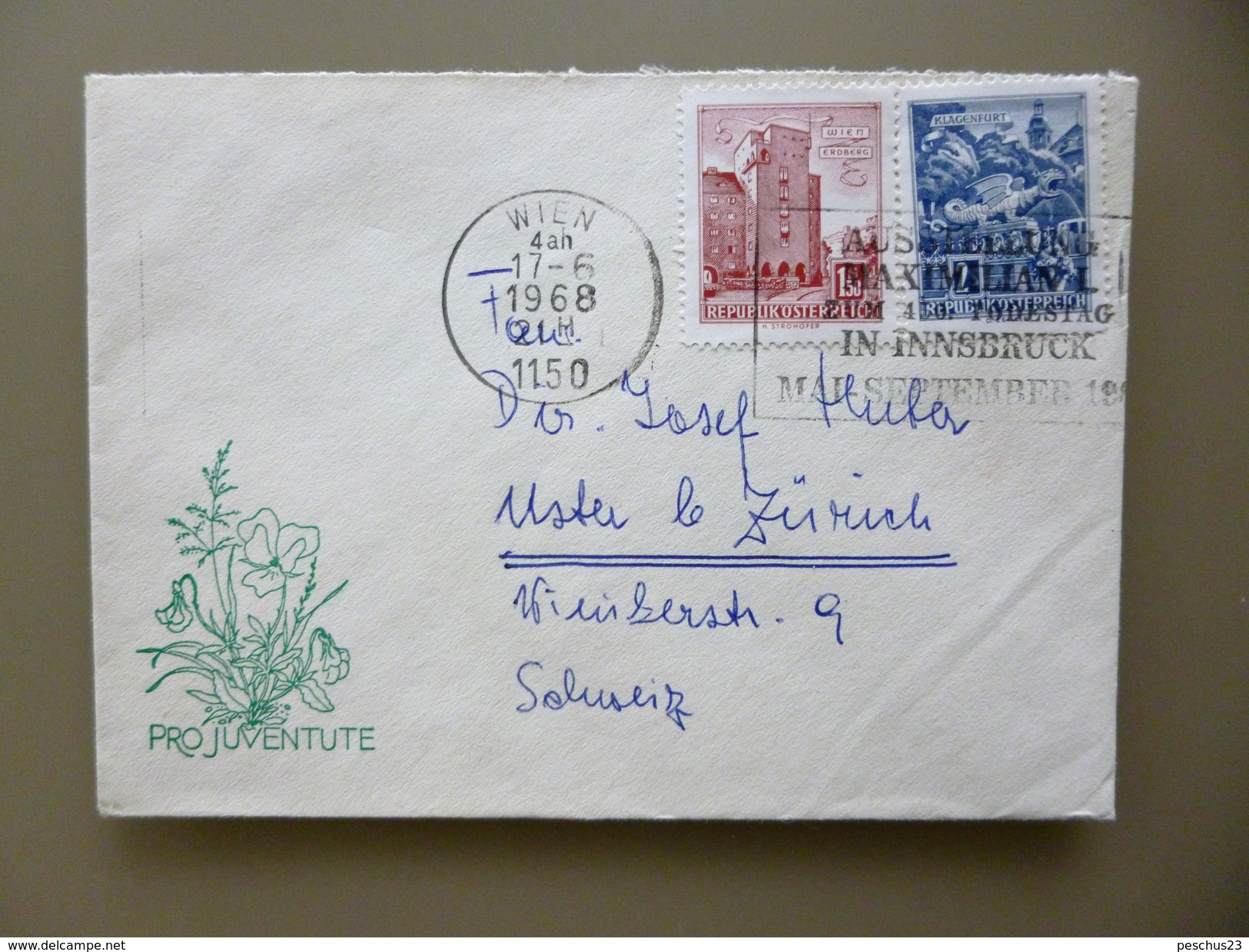 SUISSE / SCHWEIZ / SWITZERLAND // 1968, PRO JUVENTUTE Briefchen, Mit ÖSTERREICH Frankatur, WIEN => USTER / SCHWEIZ - Lettres & Documents
