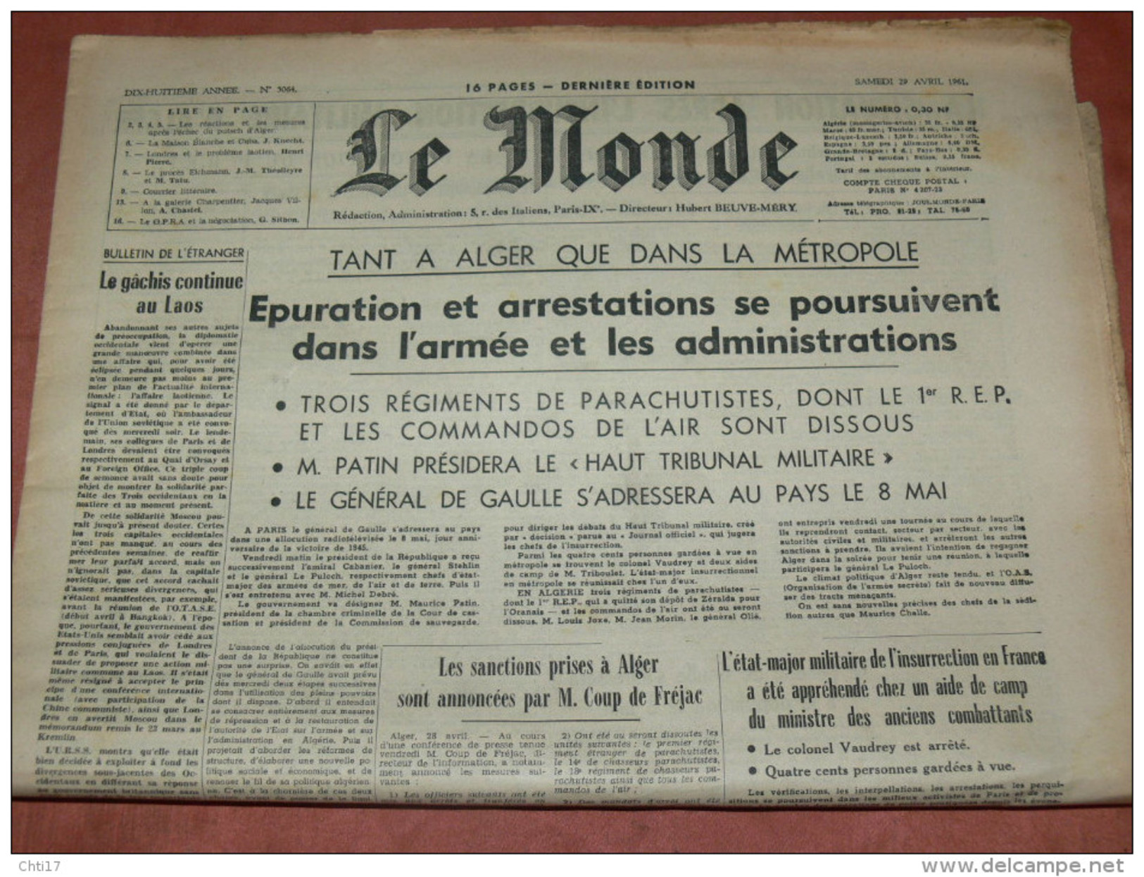 JOURNAL" LE MONDE " DU  29  AVRIL1961  GUERRE D ALGERIE PARACHUTISTE  / PUTSCH D ALGER/ OAS /  PIEDS NOIRS / DE GAULLE - 1950 à Nos Jours