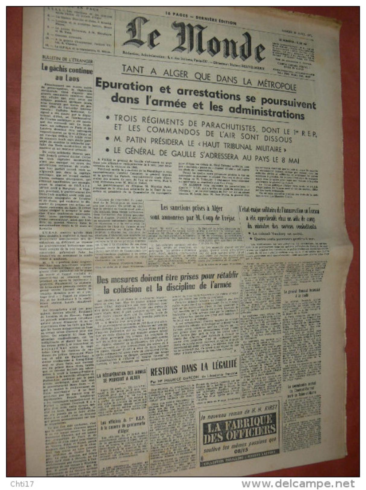 JOURNAL" LE MONDE " DU  29  AVRIL1961  GUERRE D ALGERIE PARACHUTISTE  / PUTSCH D ALGER/ OAS /  PIEDS NOIRS / DE GAULLE - 1950 à Nos Jours
